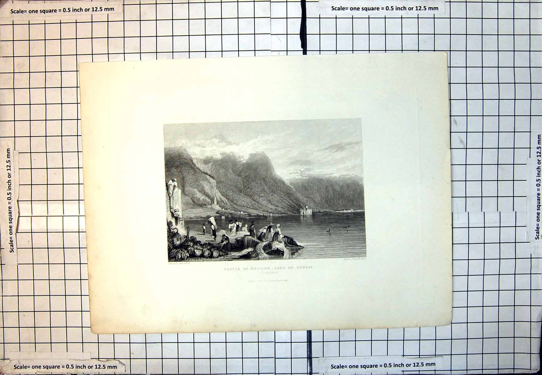 Antique Print Castle Chillon Lake Geneva Washerwomen Garden Patch Alps 110J
