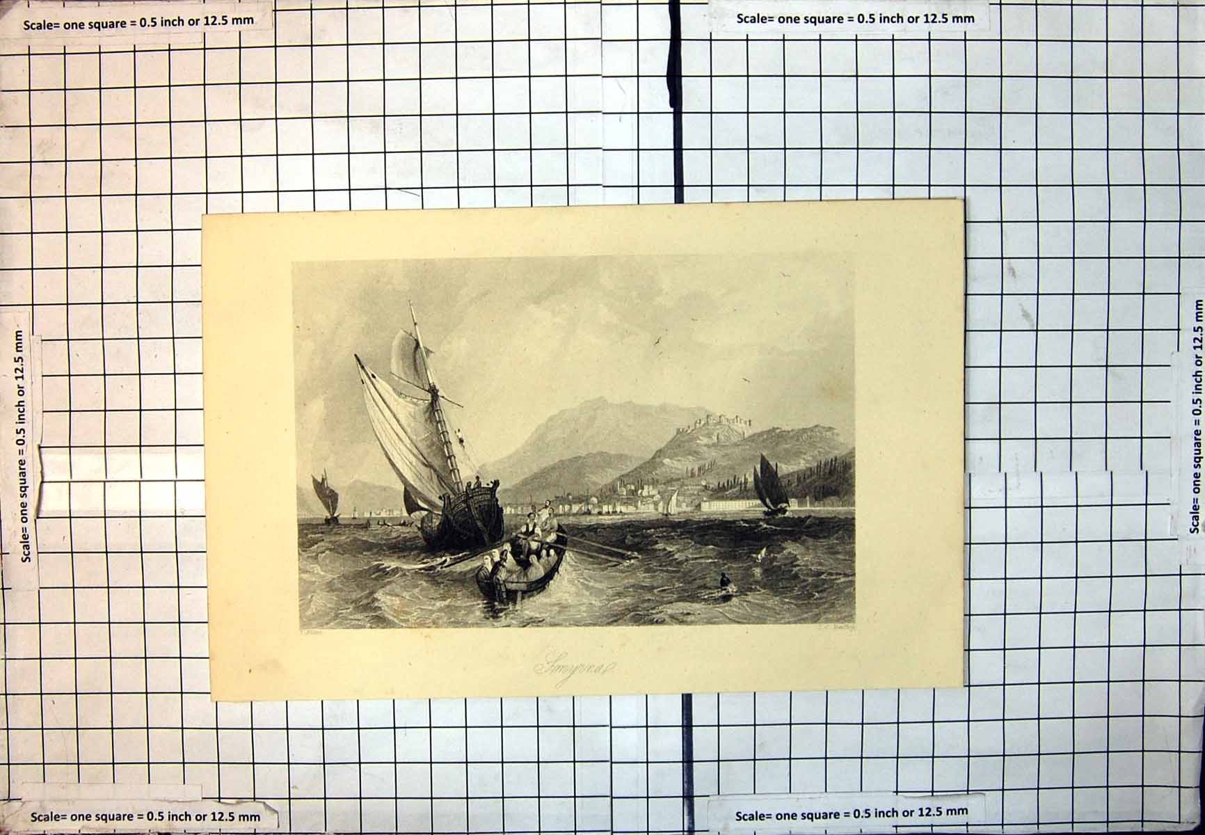 Print Smyrnae Sailing Ship Rowing Boat Fortifications Hillside Town C1865 114J