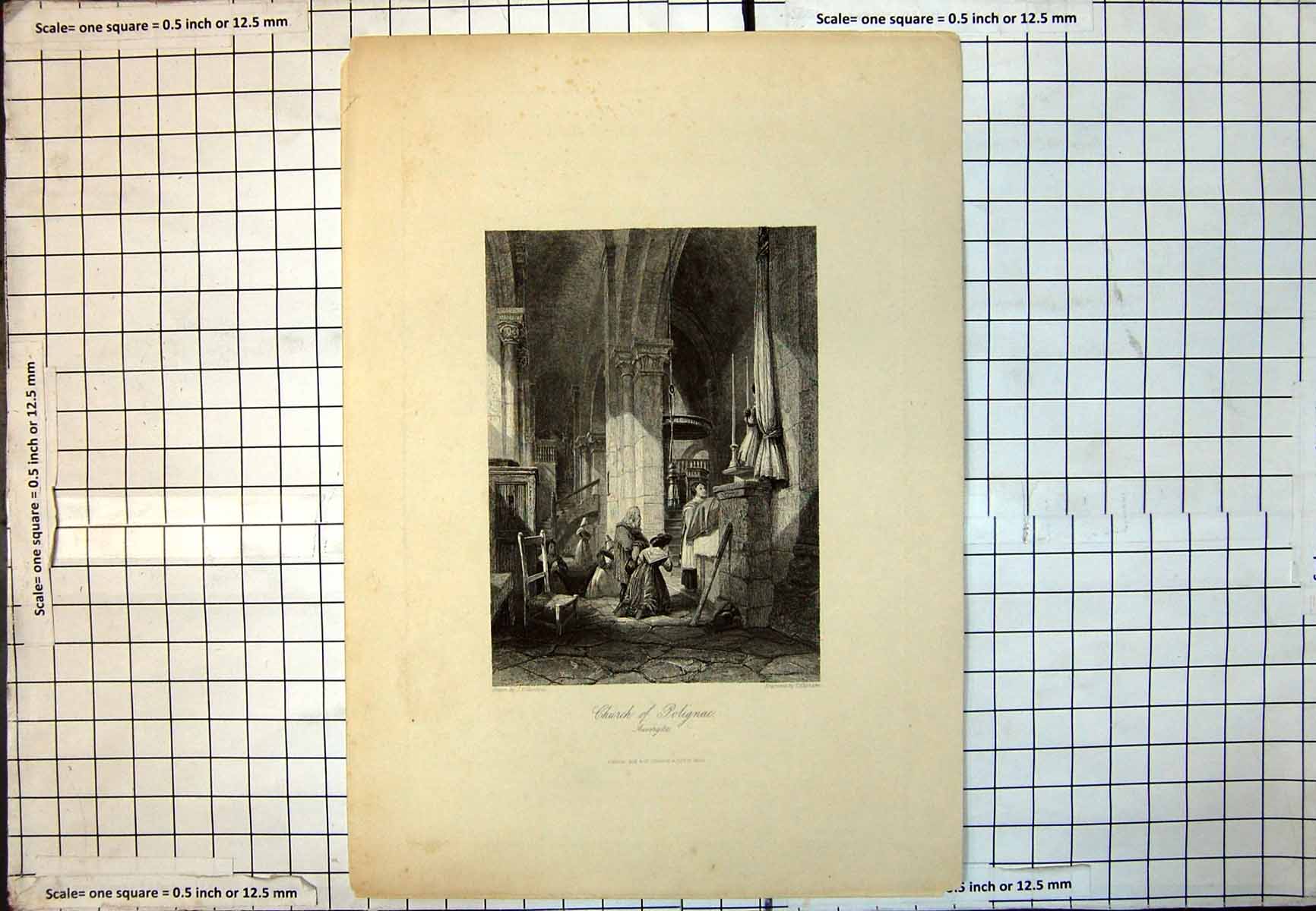 Old Print Church Polignac Worshippers Praying Archways Columns Chair 122J