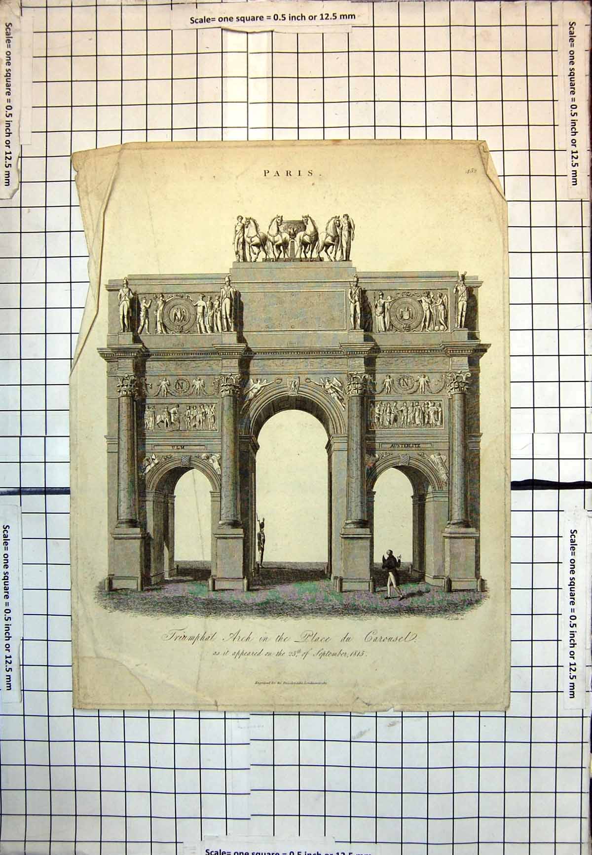 Old Print Triumphal Arch In Place Du Carousel Paris Statuary Frescoes 124J