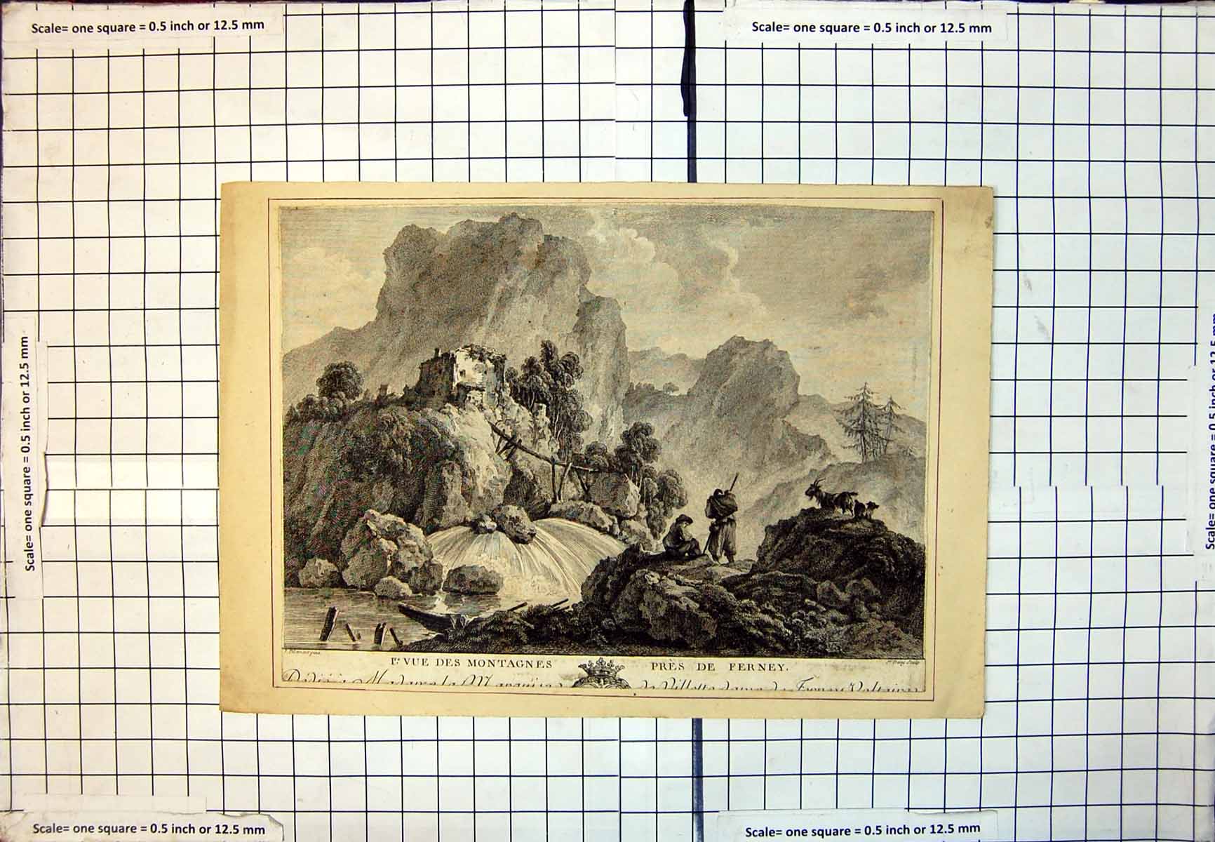 Old Print Le Vue Des Montagnes Pre De Ferney Mountain View Waterfall 125J