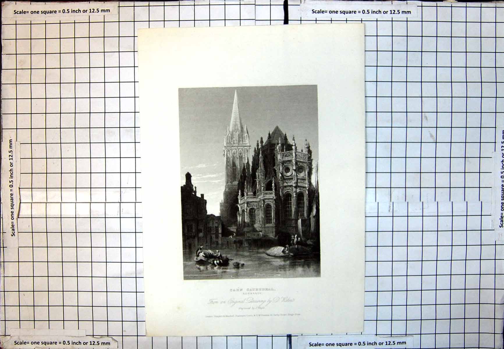 Old Print Caen Cathedral Normandy Waterside View Spire Arched Windows 131J