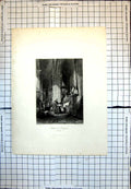 Old Print Church Polignac Auvergne Worshippers Praying Columns Chair 133J