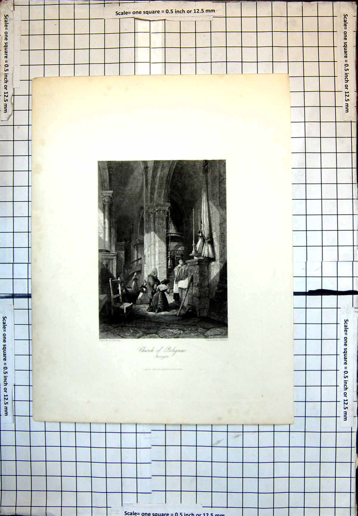 Old Print Church Polignac Auvergne Worshippers Praying Columns Chair 133J