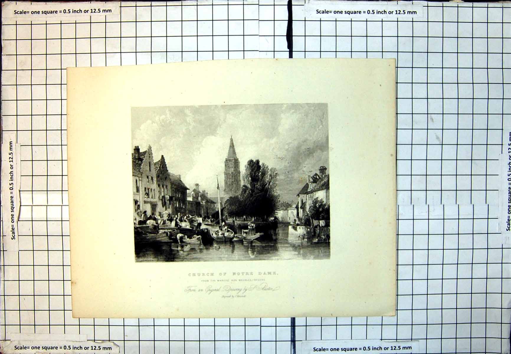 Antique Old Print Church Notre Dame From Marche Aux Meubles-Bruges Boats 136J