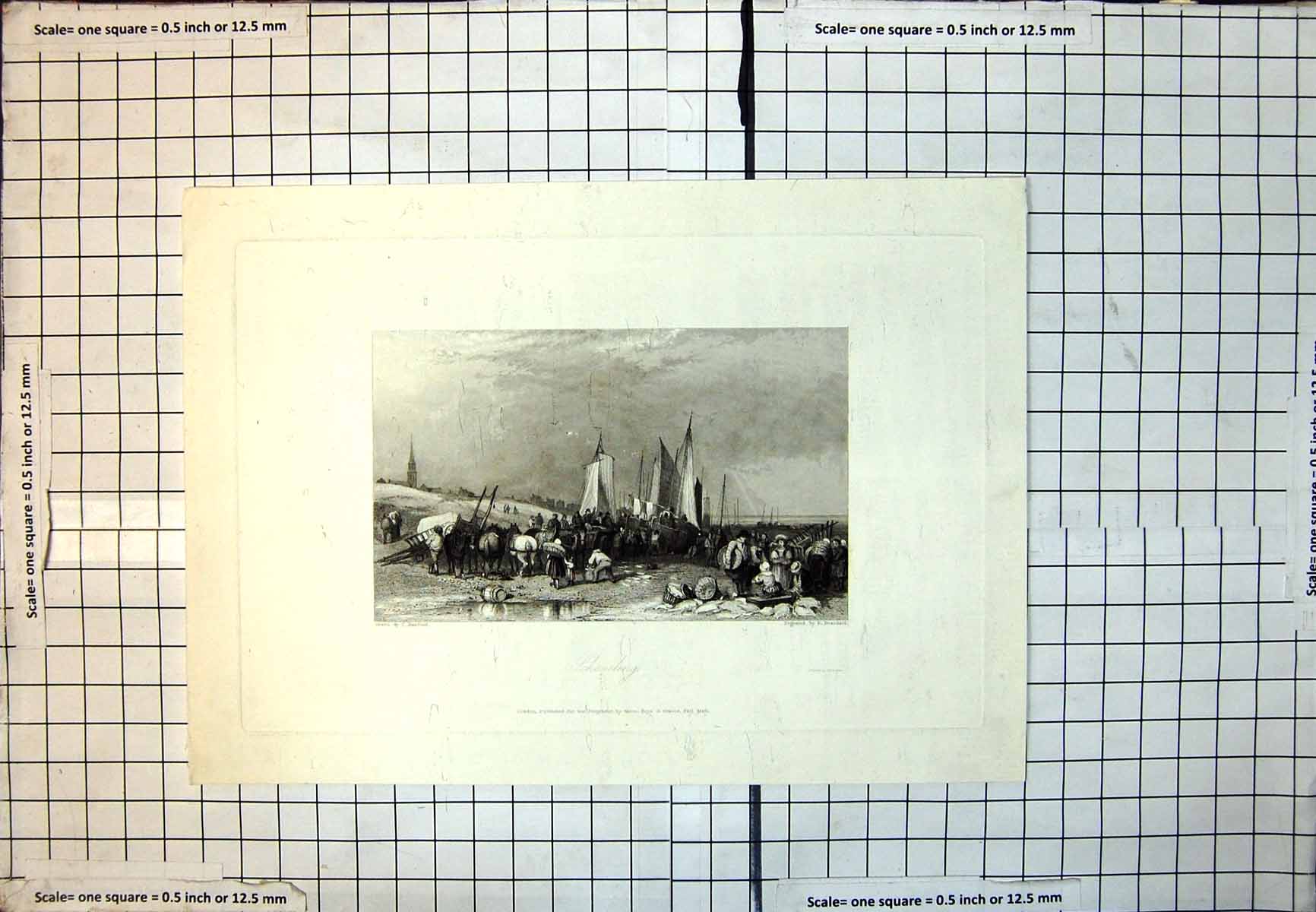 Old Scheveling Busy Shore Scene Sailing Boats People Horses Baskets 139J