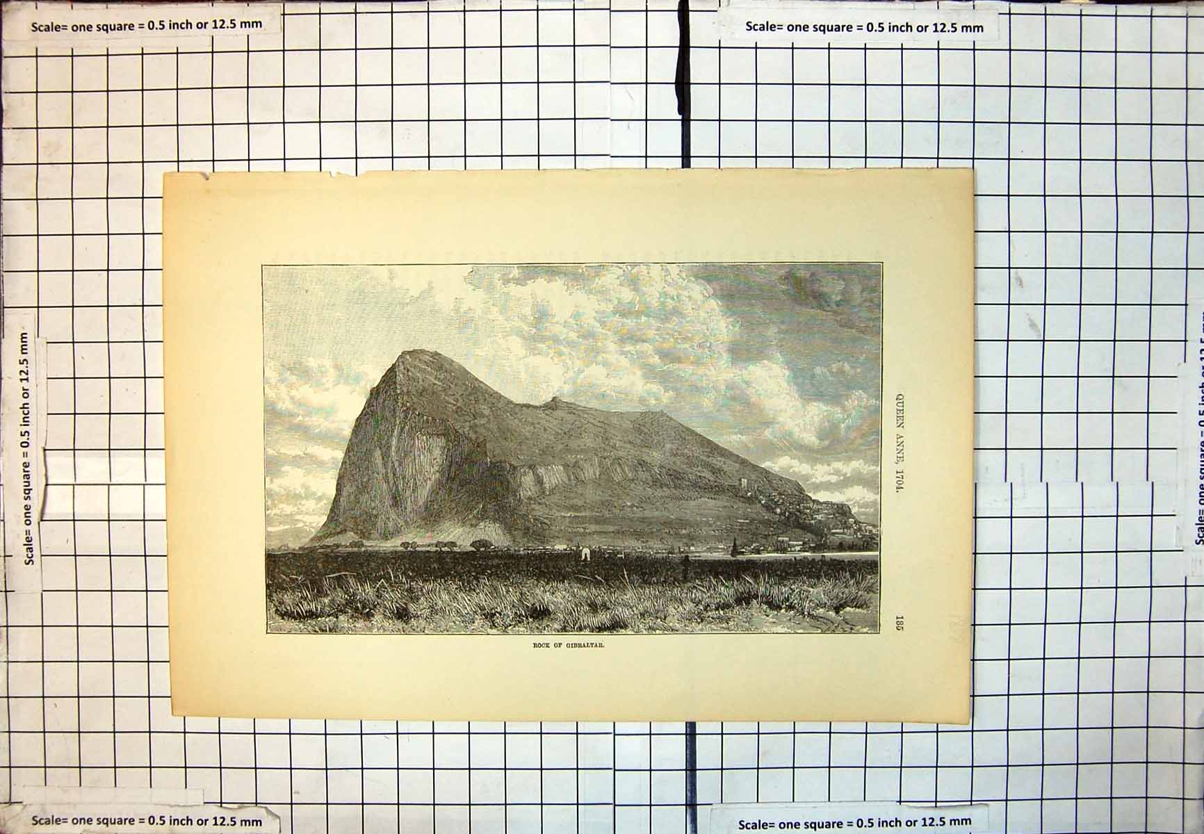 Antique Print Rock Gibralter Cliffs Water Buildings Grassland Trees Sky 140J