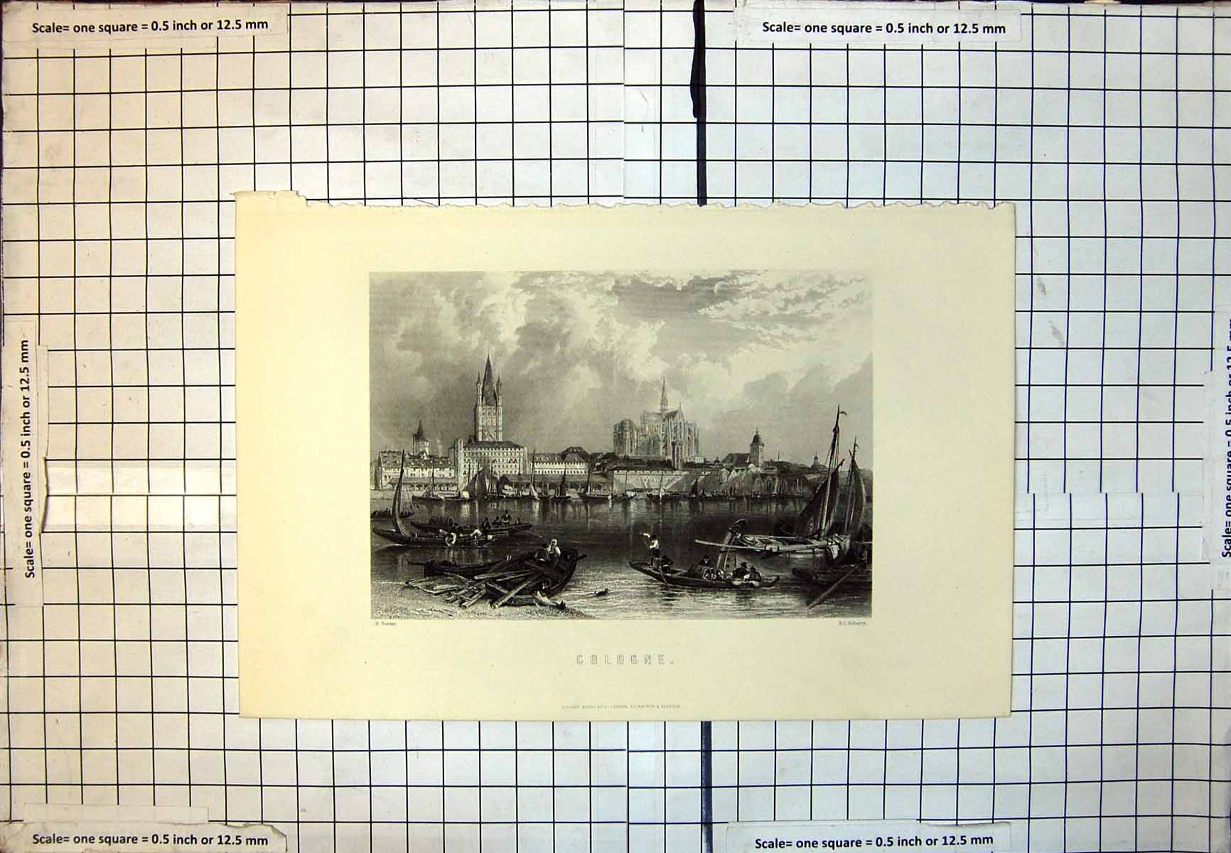 Old Cologne Rowing Boats Sailing Net Mending Buildings Cathedral 145J