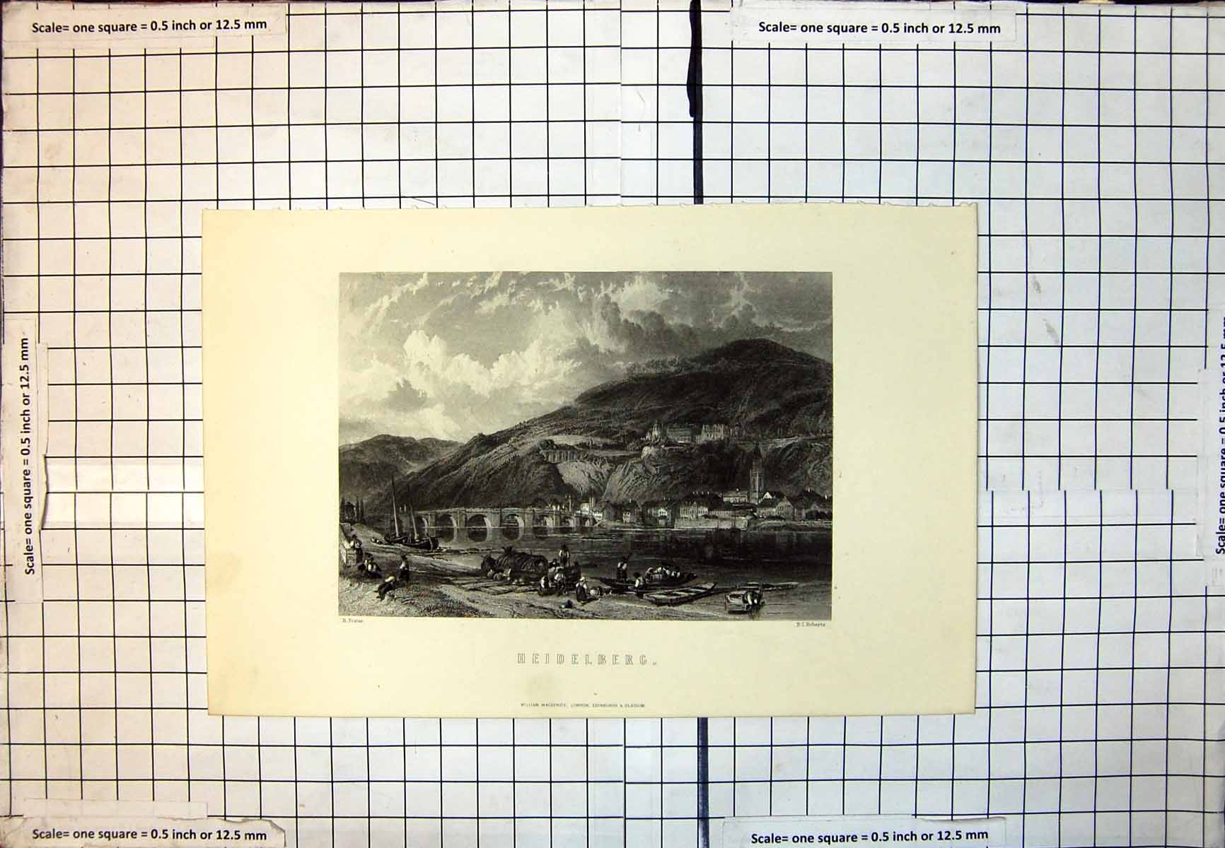 Old Heidelberg Hillside Fortifications River Bridge Boats People 146J