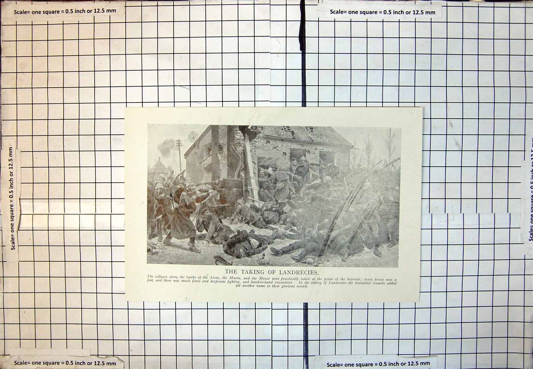 Old Print Taking Landrecies Fighting Bayonets House Demolished Death 148J