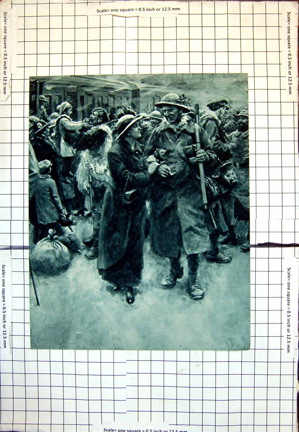 Old Print Greeting Siers Home War Pack Kit Bags Children Wives Train 149J