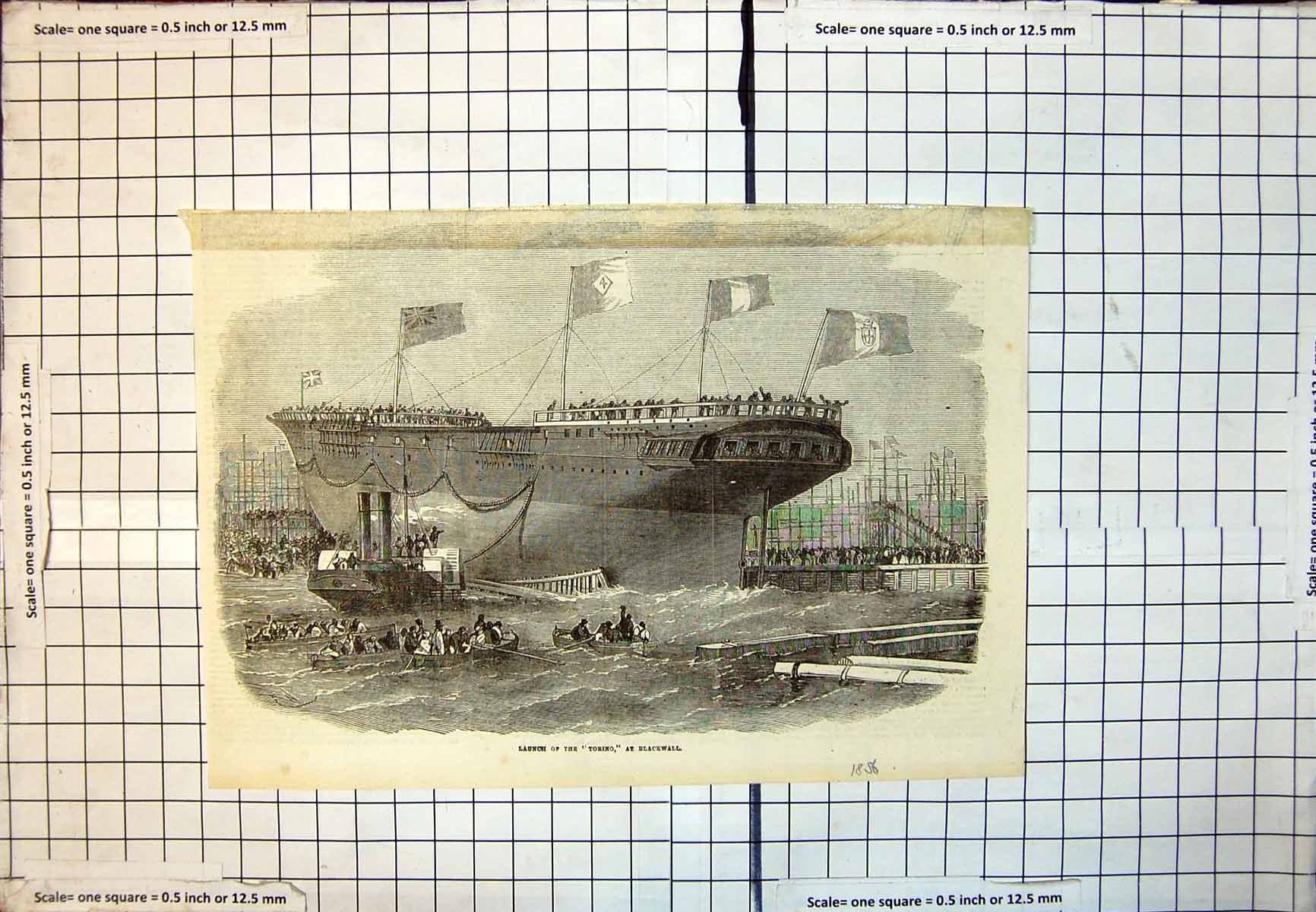 Old Print Launch The Torino Blackwall Rowing Boats Tug Onlookers 1856 153J 19th