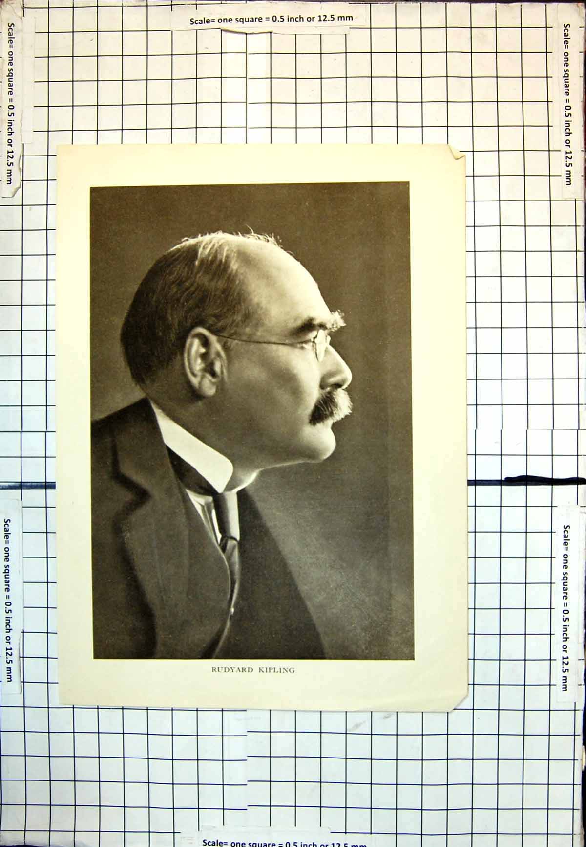 Old Print Rudyard Kipling Profile Portrait Suit Tie Moustache Glasses 157J