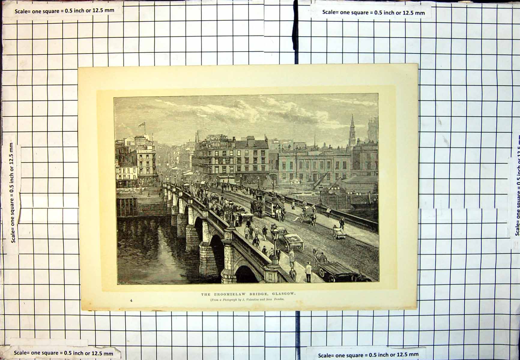 Old Print The Broomielaw Bridge Glasgow People Horses Carts Buildings 159J