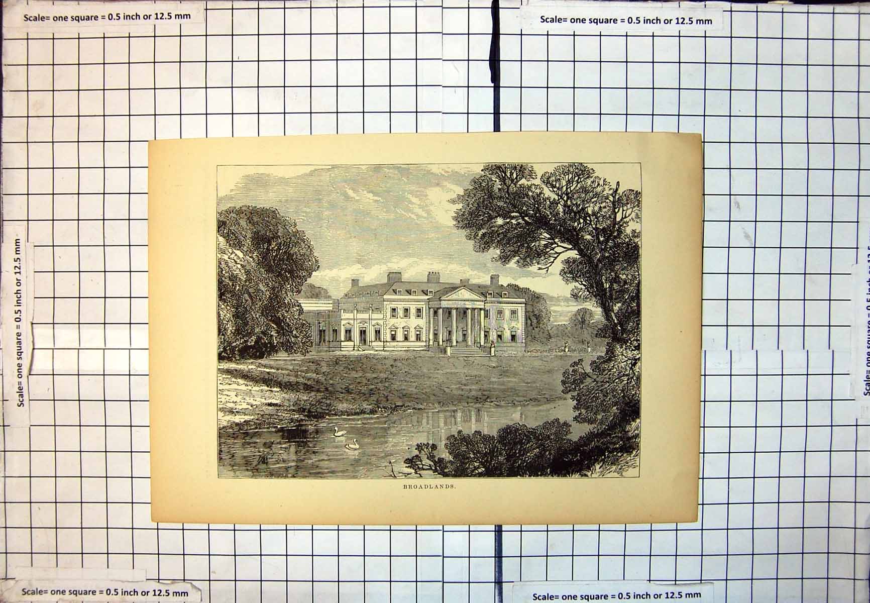 Antique Old Print Broadlands Exterior View House Across Pond Swans Trees 160J