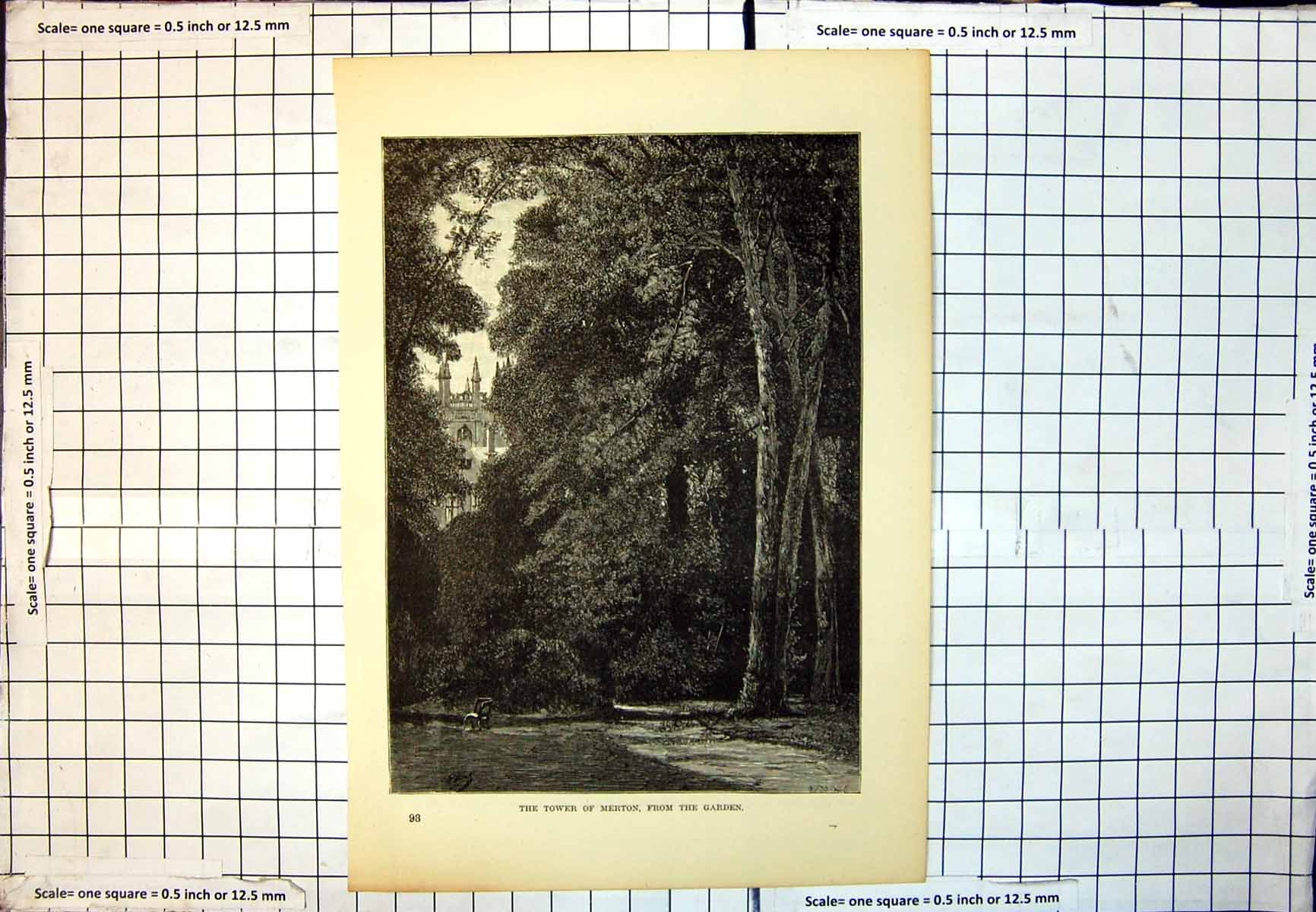 Antique Old Print Tower Merton From Garden Trees Bench Pathway Foliage 165J