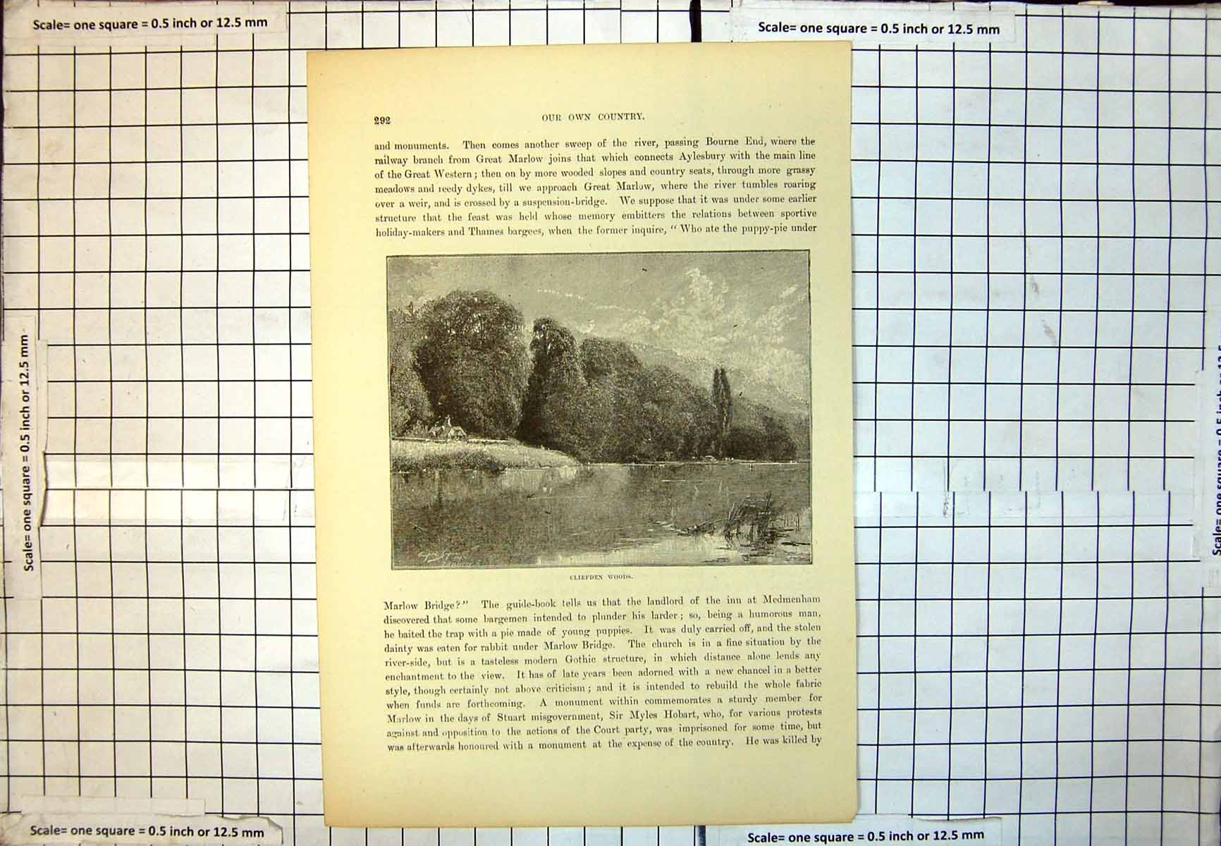 Antique Print Clefden Woods Woodland Trees House Across Lake Calm Water 166J
