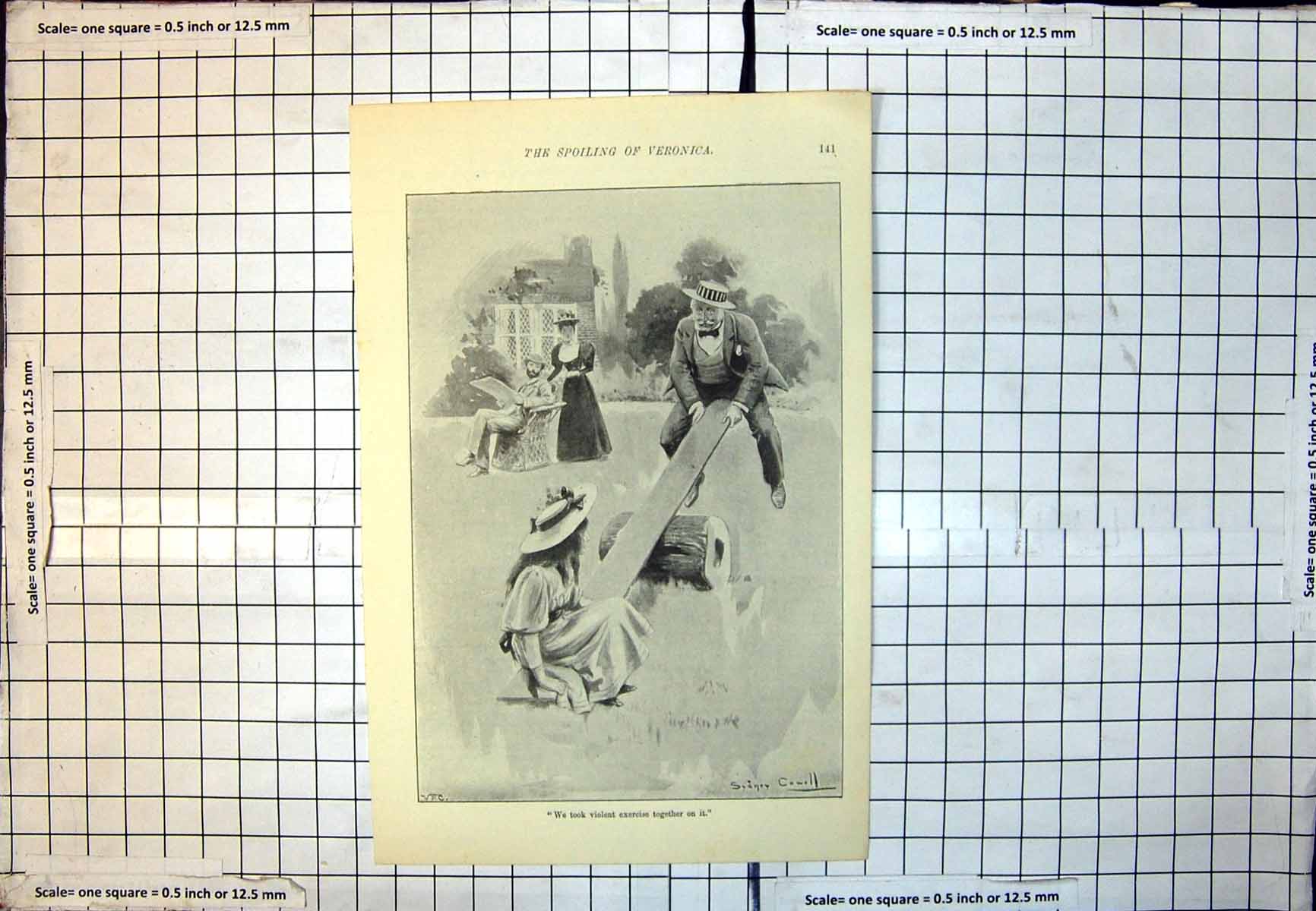 Old Illustration Spoiling Veronica Girl Elderly Gentleman See-Saw 169J