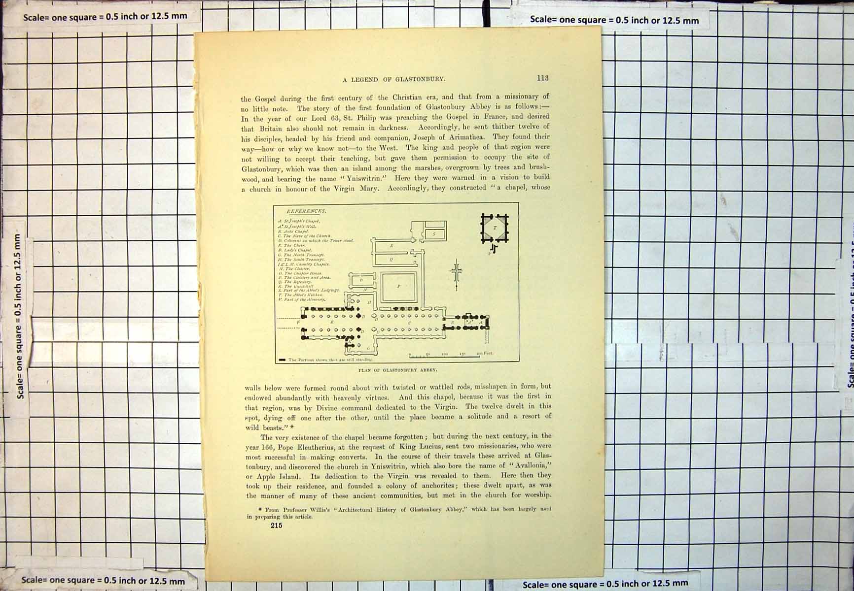 Old Plan Glastonbury Abbey Showing Portions Still Standing Columns 177J 18th