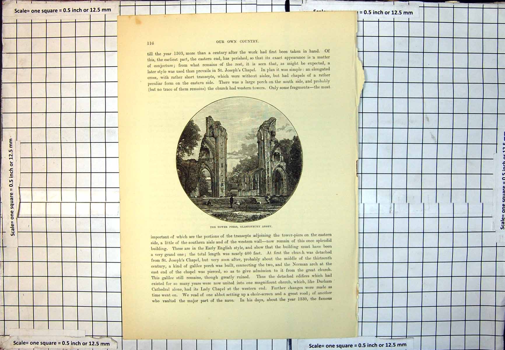 Old Print Tower Piers Glastonbury Abbey Remains Ruins Archways People 178J 18th
