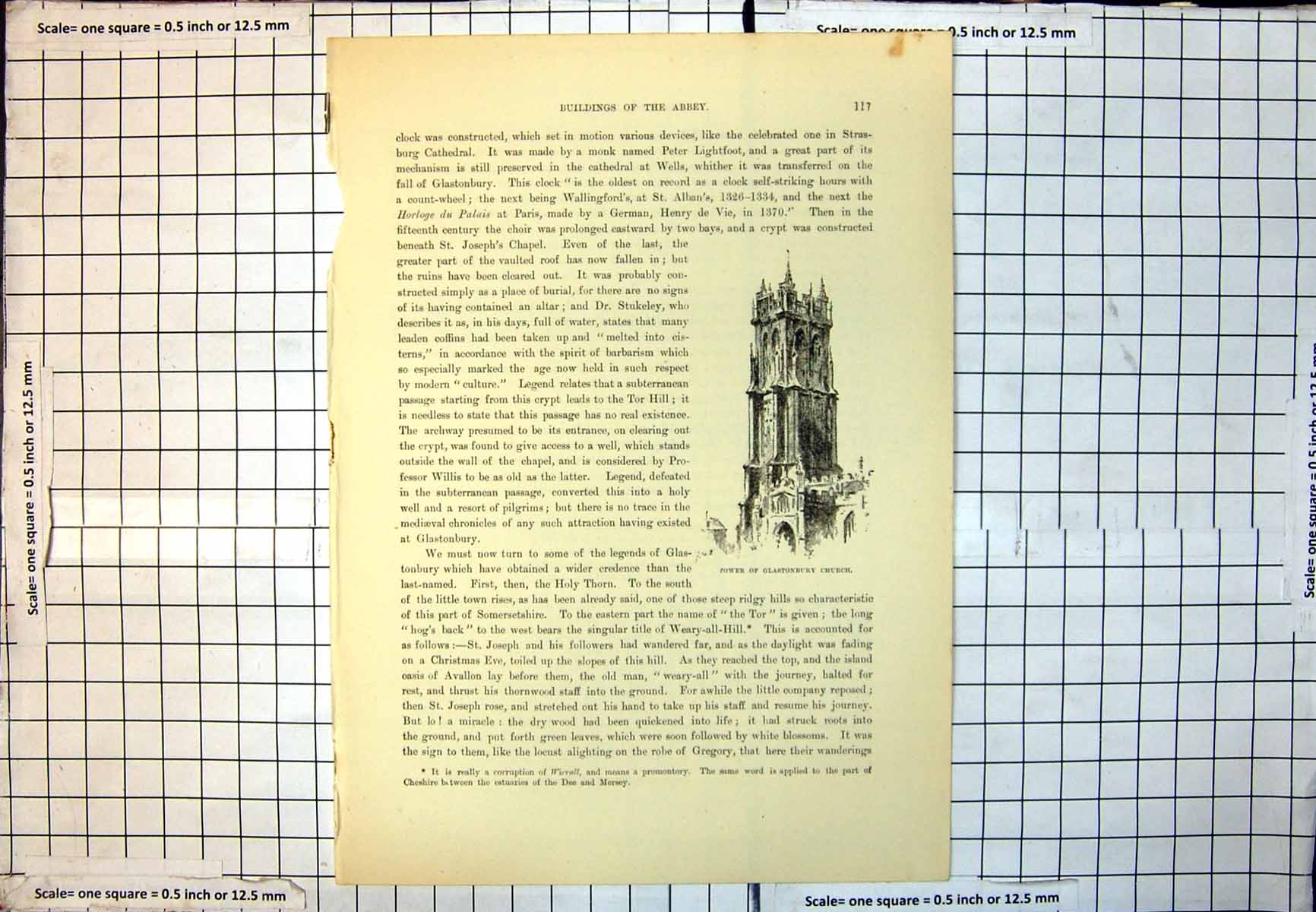 Antique Print Tower Glastonbury Church Square Arched Windows Stonework 179J 18th