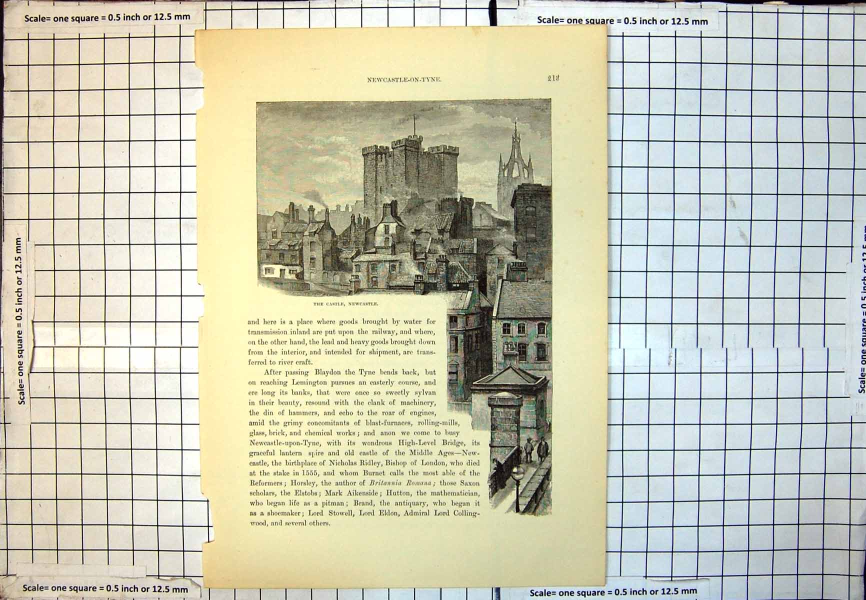 Antique Old Print Castle Newcastle Square Tower Buildings Church Tower 184J 19th
