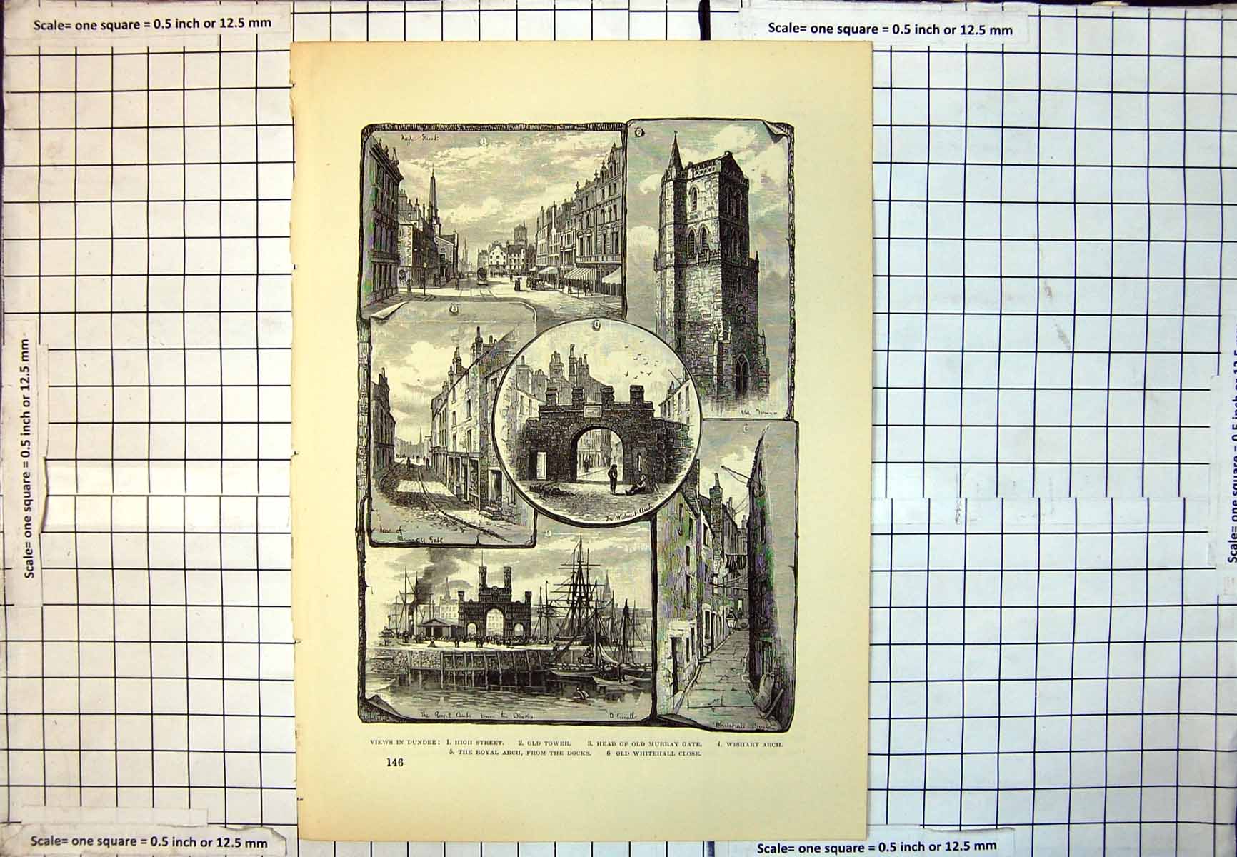 Antique Print Views Dundee High St Tower Murray Gate Wishart Arch Royal 187J