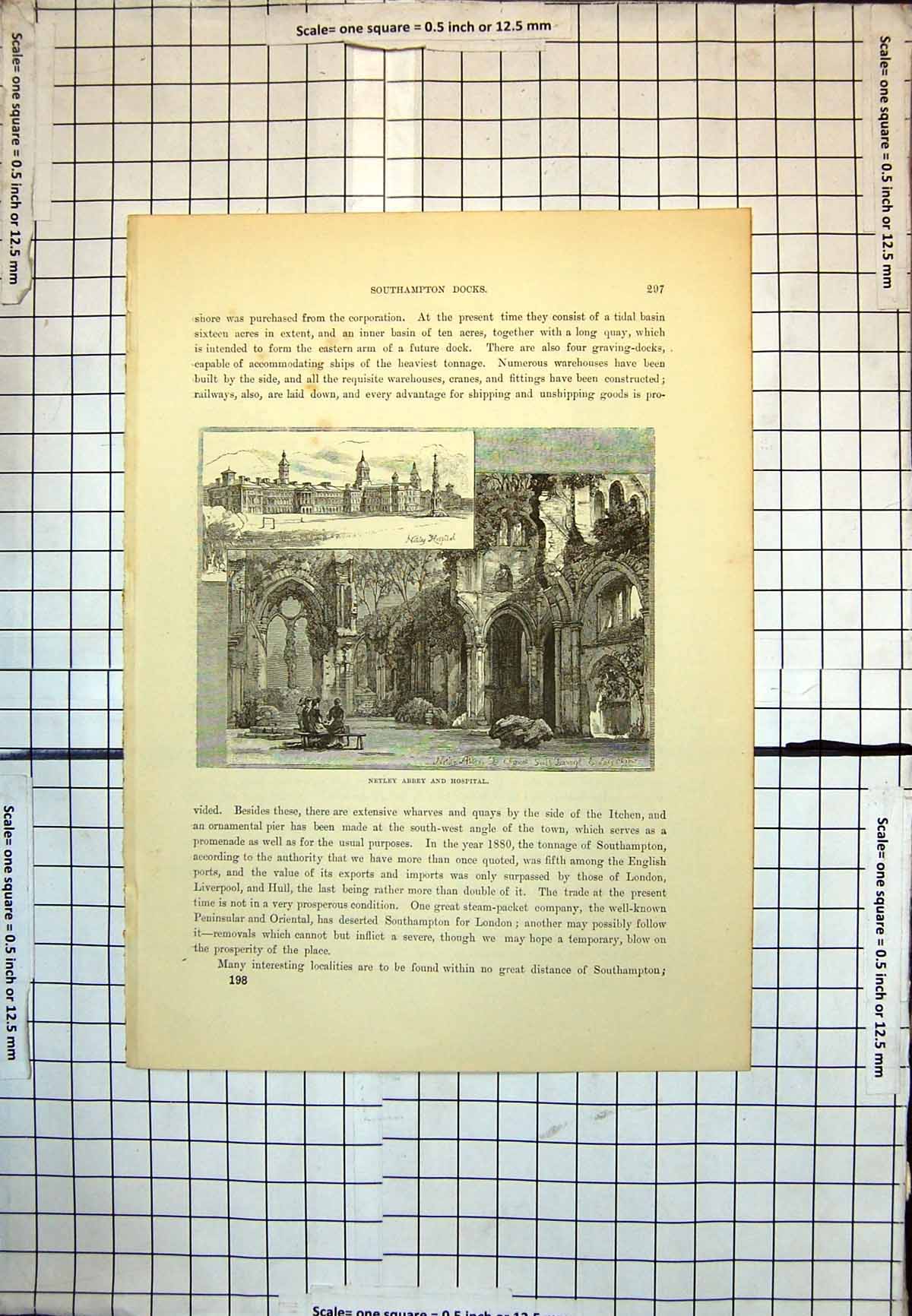 Old Print Netley Abbey Ruins Foliage Archways Hospital Large Building 192J 20th