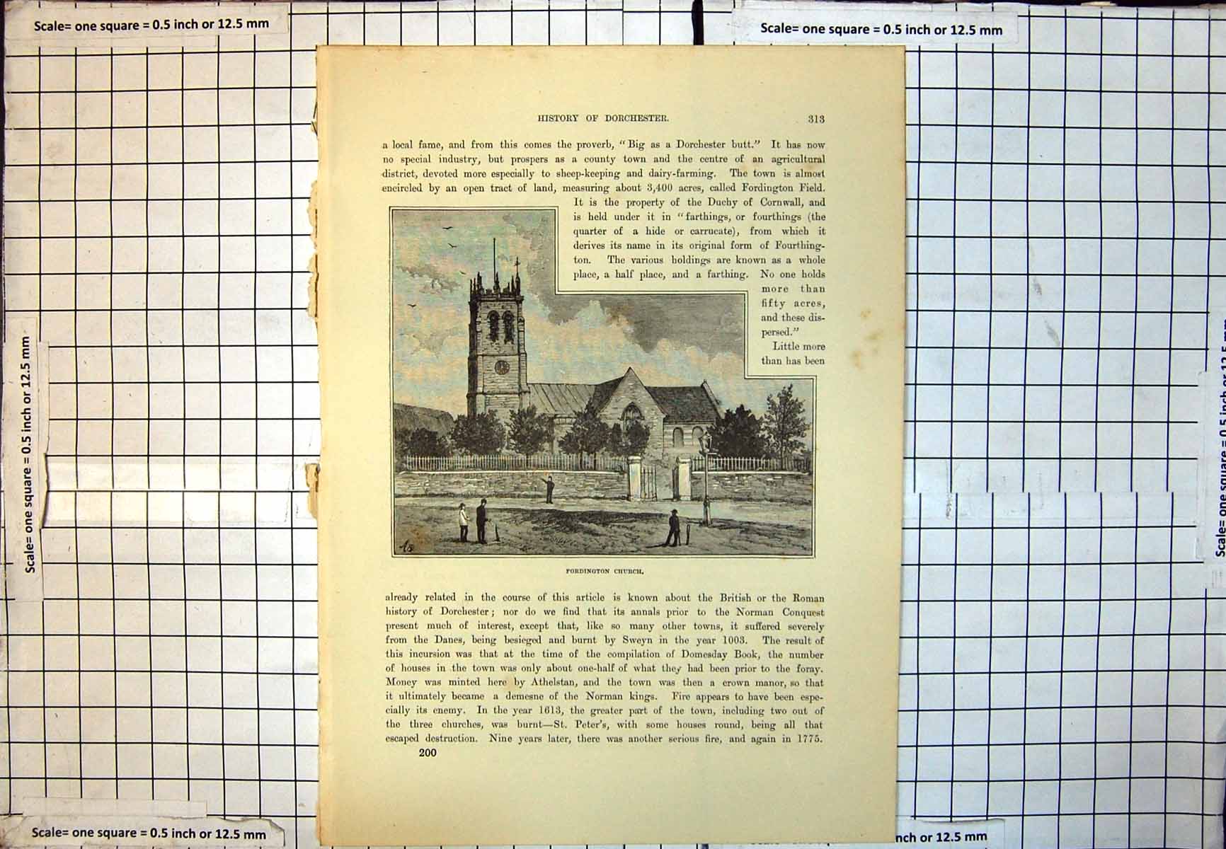Antique Print Fordington Church Square Clock Tower Village Green Dorset 201J