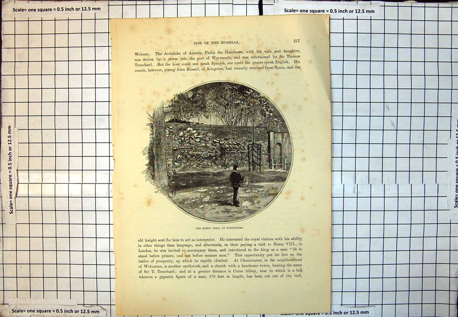 Antique Print Roman Wall Dorchester Sloped Stones Person Basket Dorset 202J