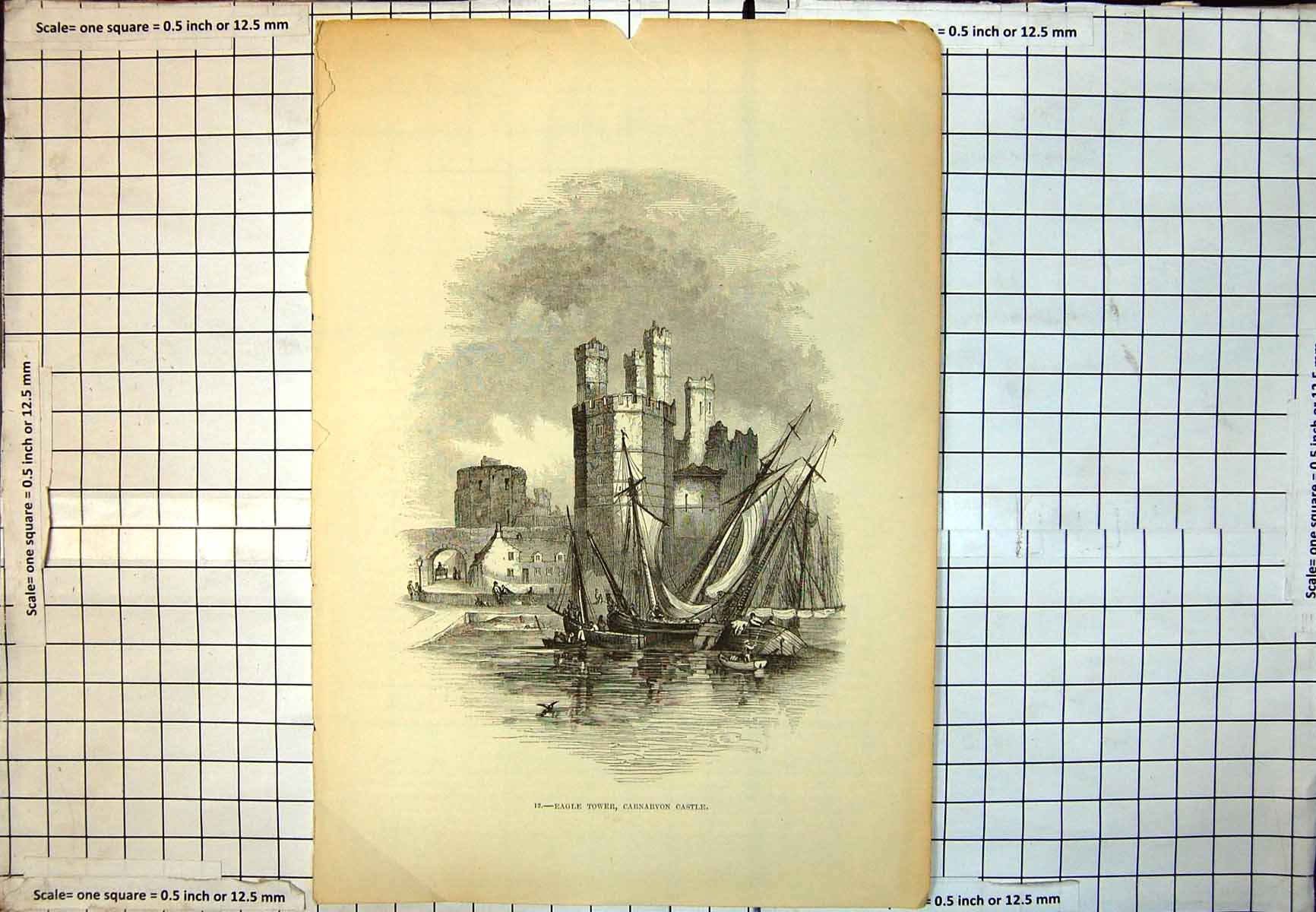 Old Print Eagle Tower Carnavon Castle Sailing Boats Rowing Below Cart 208J