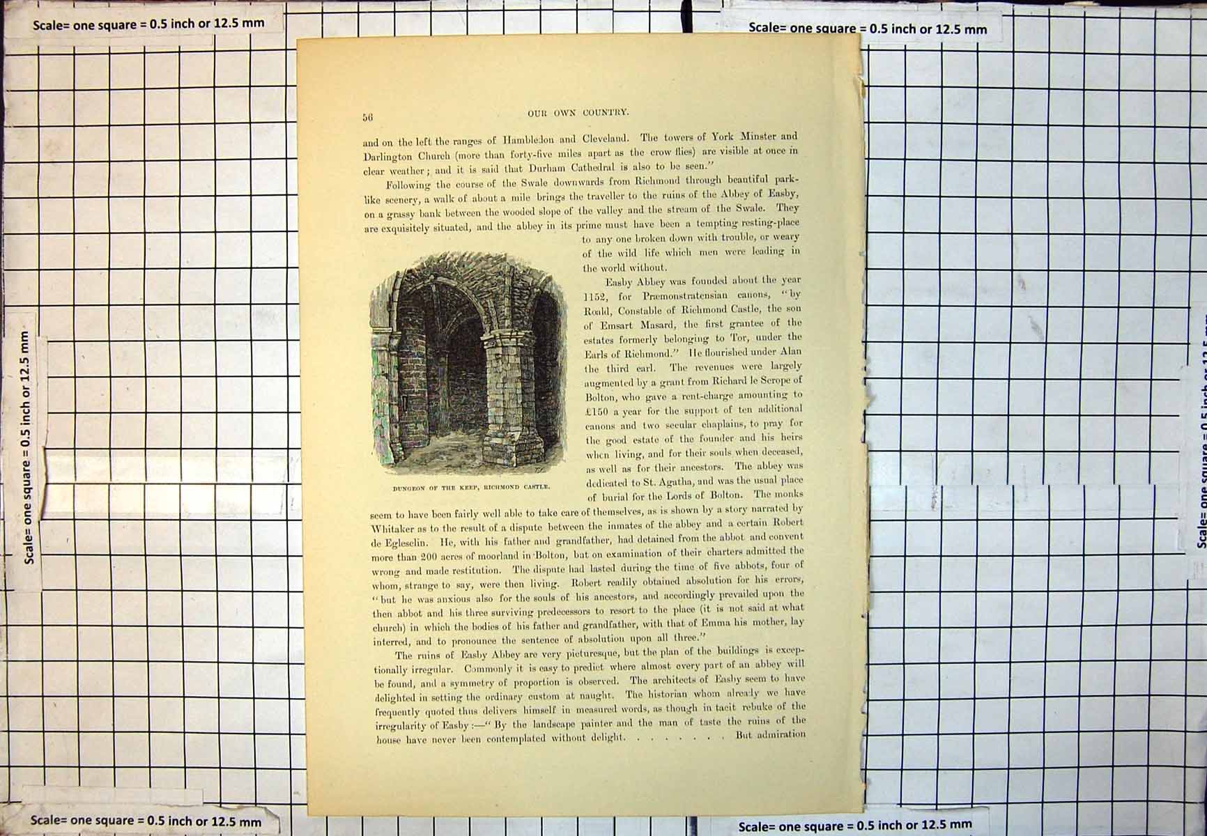 Antique Print Dungeon Keep Richmond Castle Arches Vaulted RoEarth Floor 212J