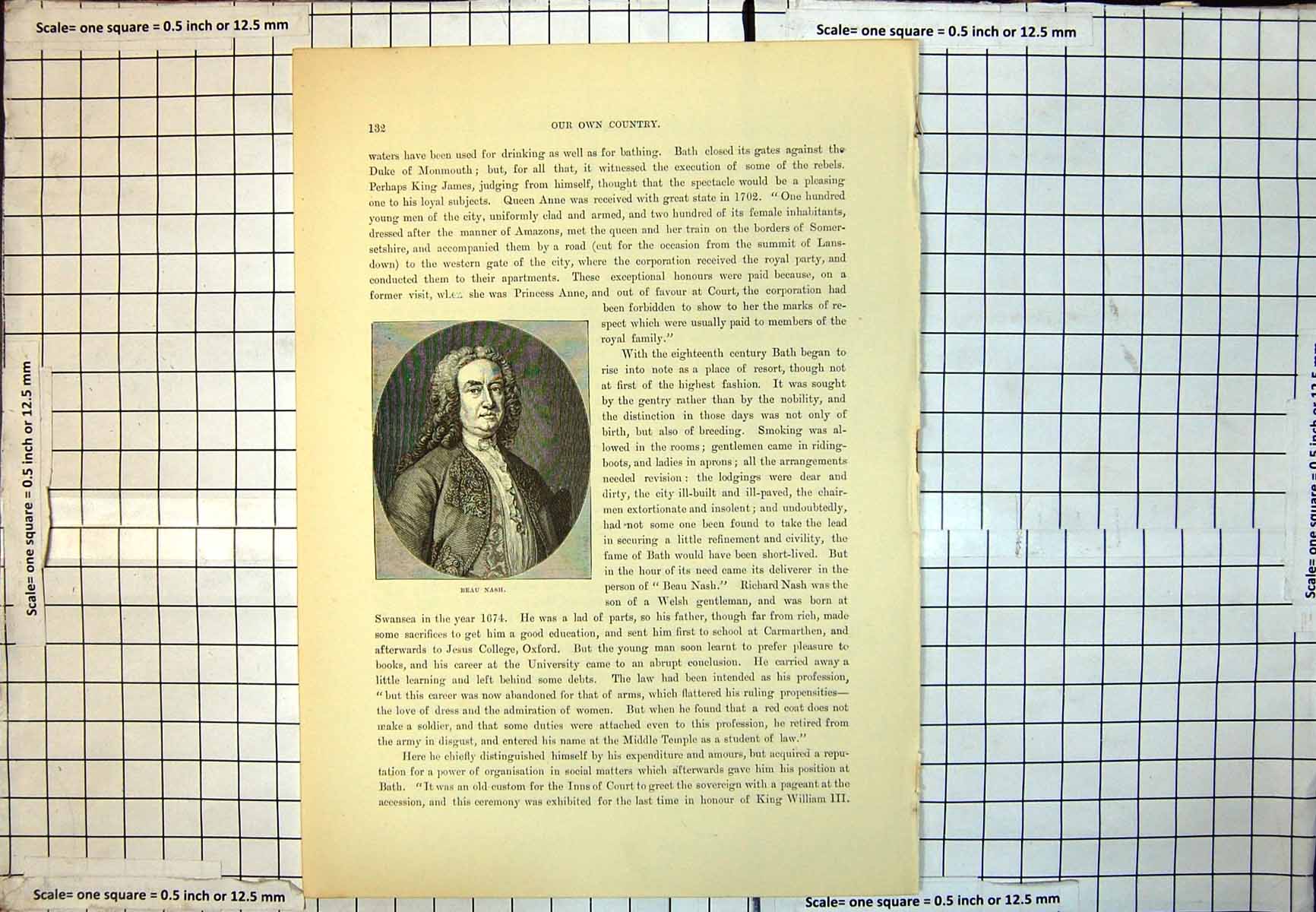 Antique Print Beau Nash Richard Portrait Curled Hair Wig Brocade Jacket 213J