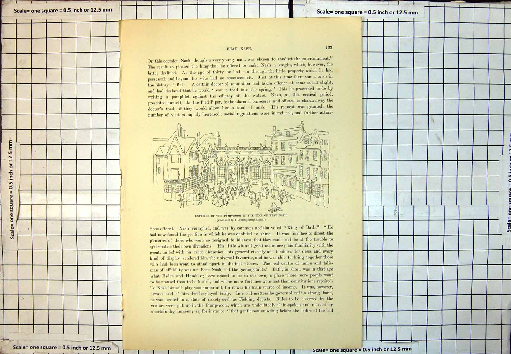 Old Print Exterior Pump-Room Time Beau Nash Bath Sedan Chairs People 214J