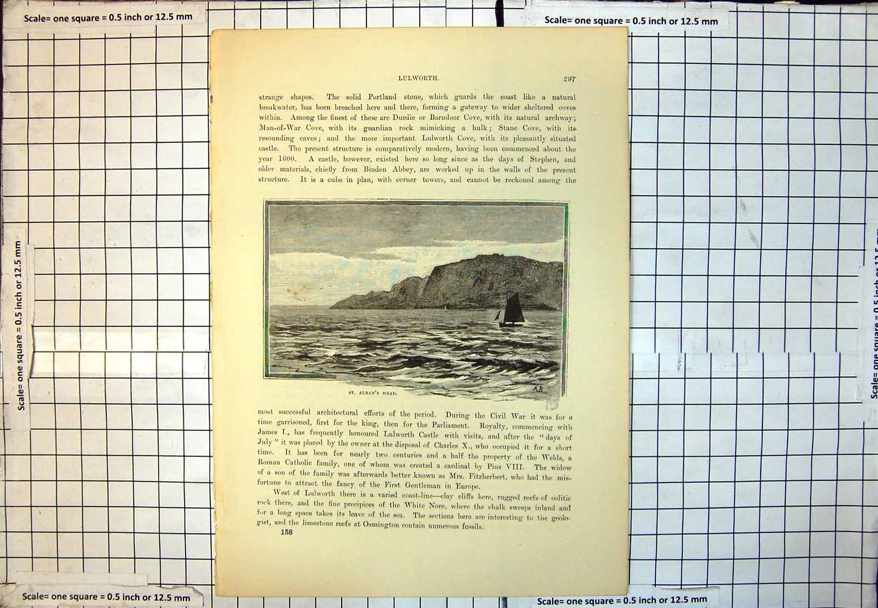 Old Print St. Alban'S Head Rocky Outcrop Cliffs Sailing Boat Choppy Sea Sky 218J