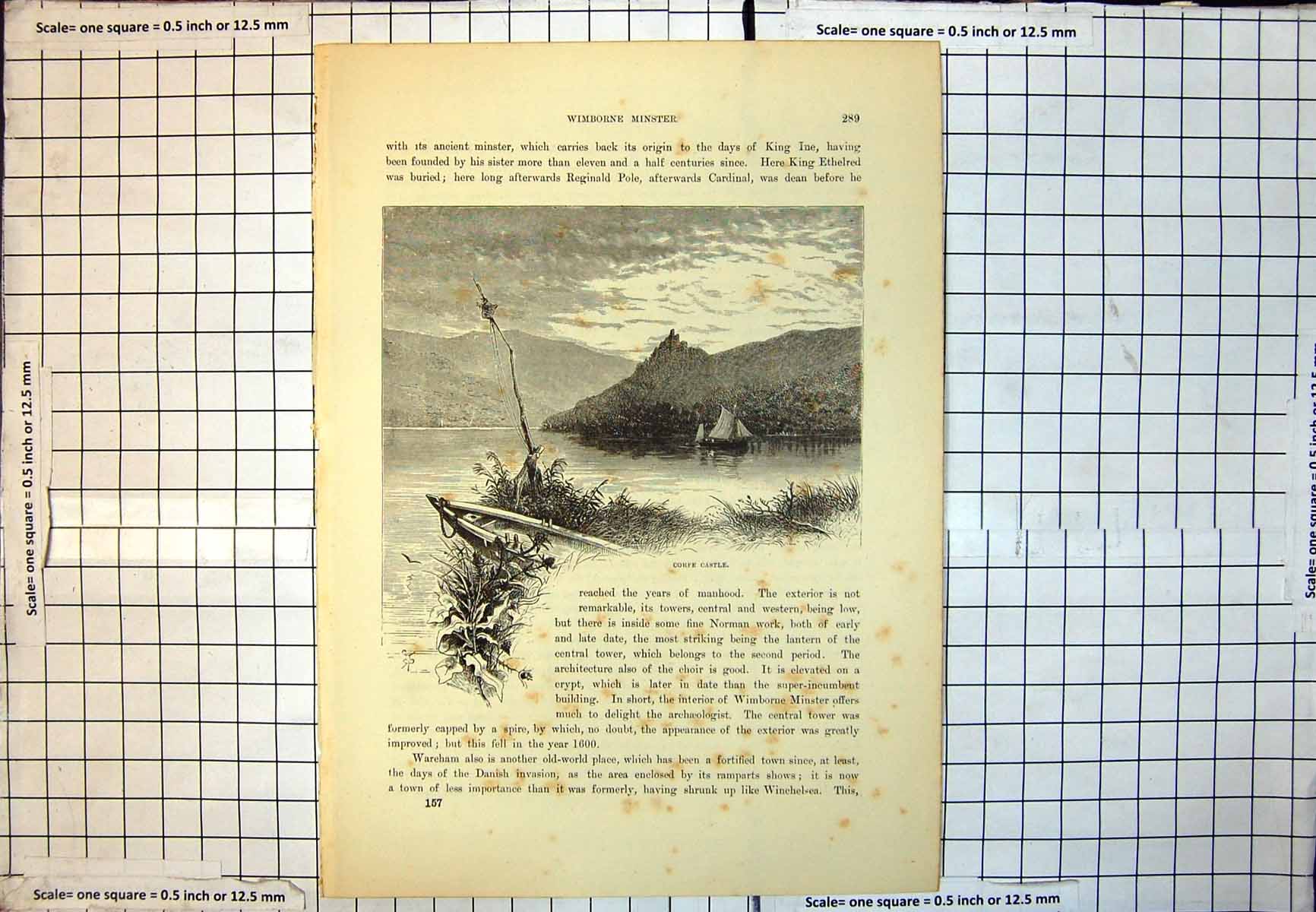 Print Corfe Castle Hillside Fortification Water Below Sailing Boat Plants 219J