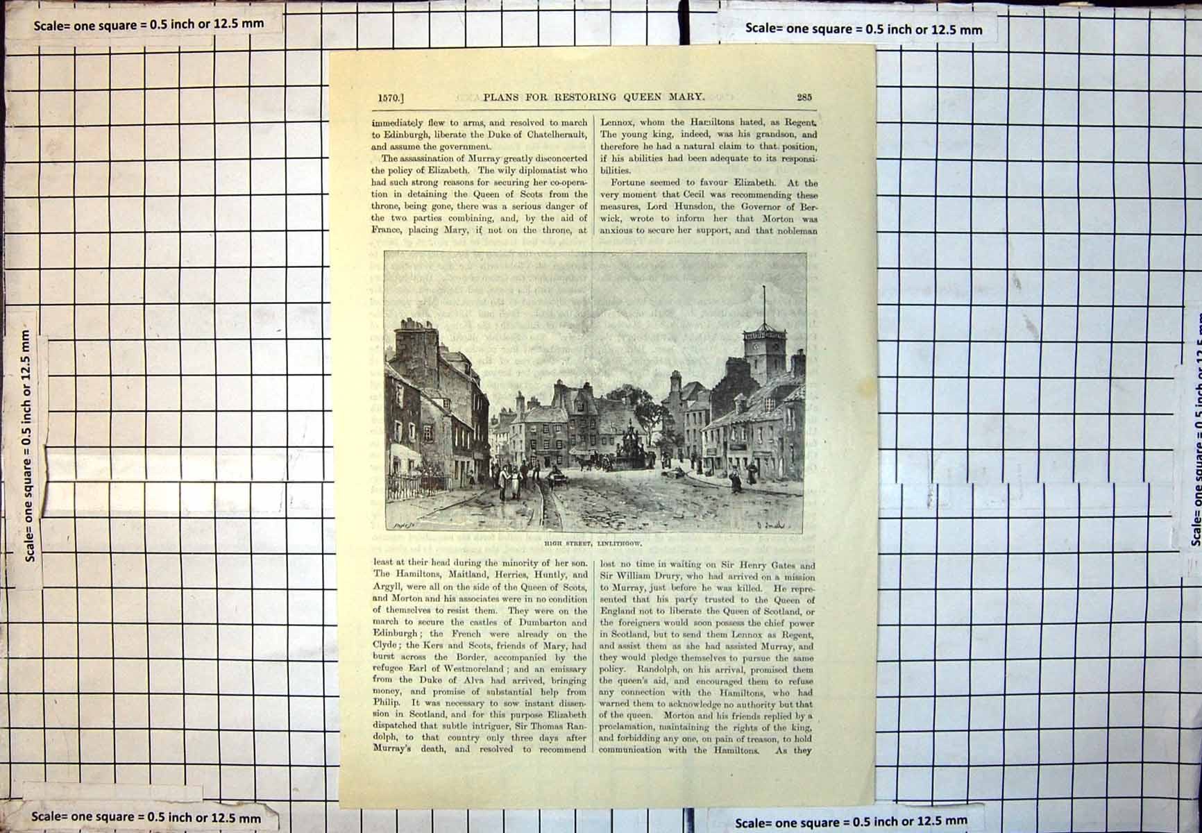 Antique Print High Street Linlithgow Market Cross Wide Pavements People 227J