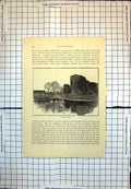 Old Print Pevensey Castle East Sussex Round Towers Trees Water Reeds 231J