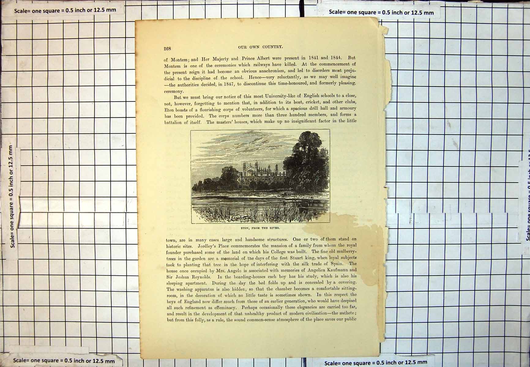 Old Print Eton From River Buildings Towers Trees Water Vegetation Sky 232J