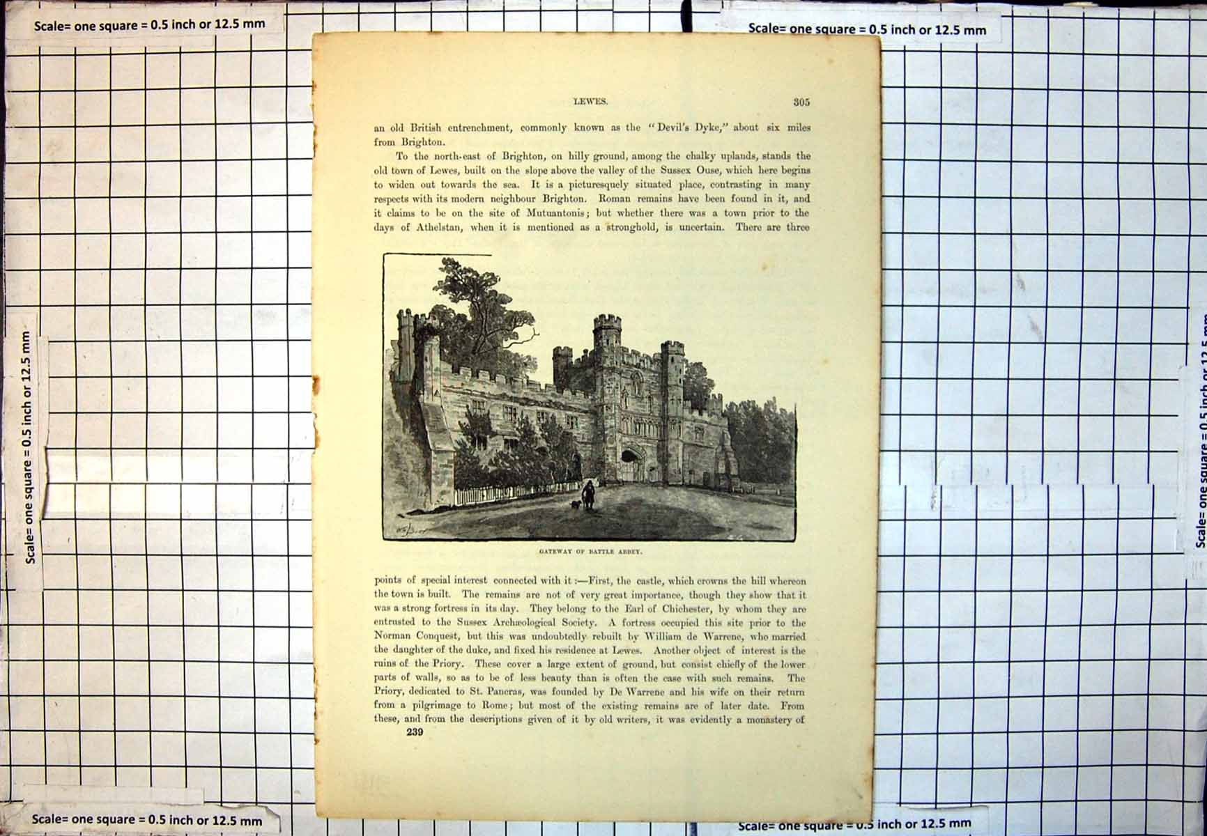 Antique Print Battle Abbey Gateway Square Tower Arched Buttressed Walls 234J