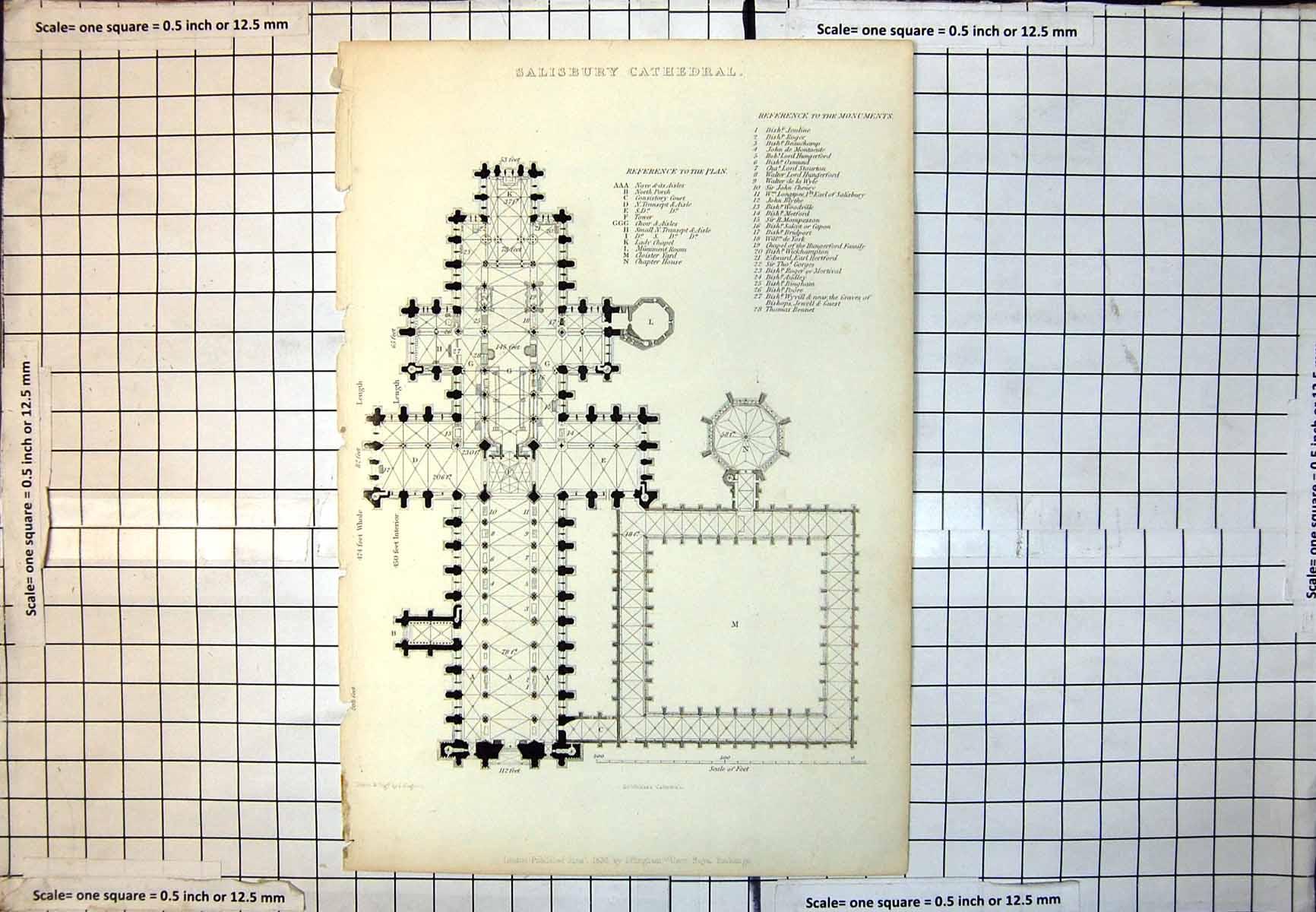 Old Print Salisbury Cathedral Plan With Reference Monuments Internal 235J
