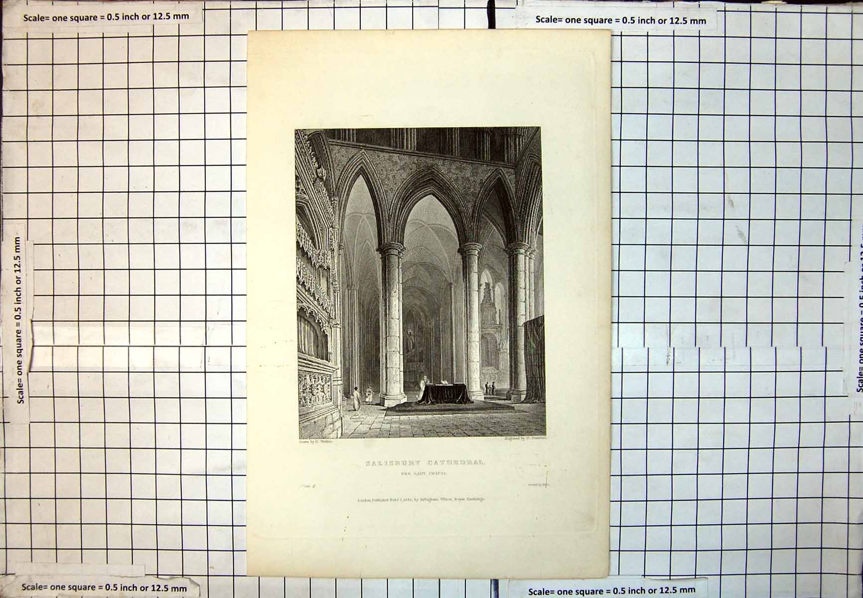 Old Print Salisbury Cathedral Lady Chapel High Columns Arches People 237J