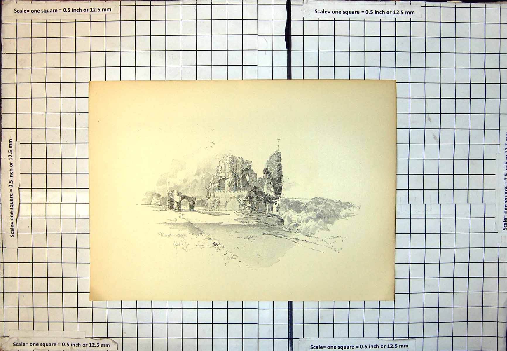 Antique Old Print Knaresborough Castle Ruins Archways Wooded Valley Below 245J