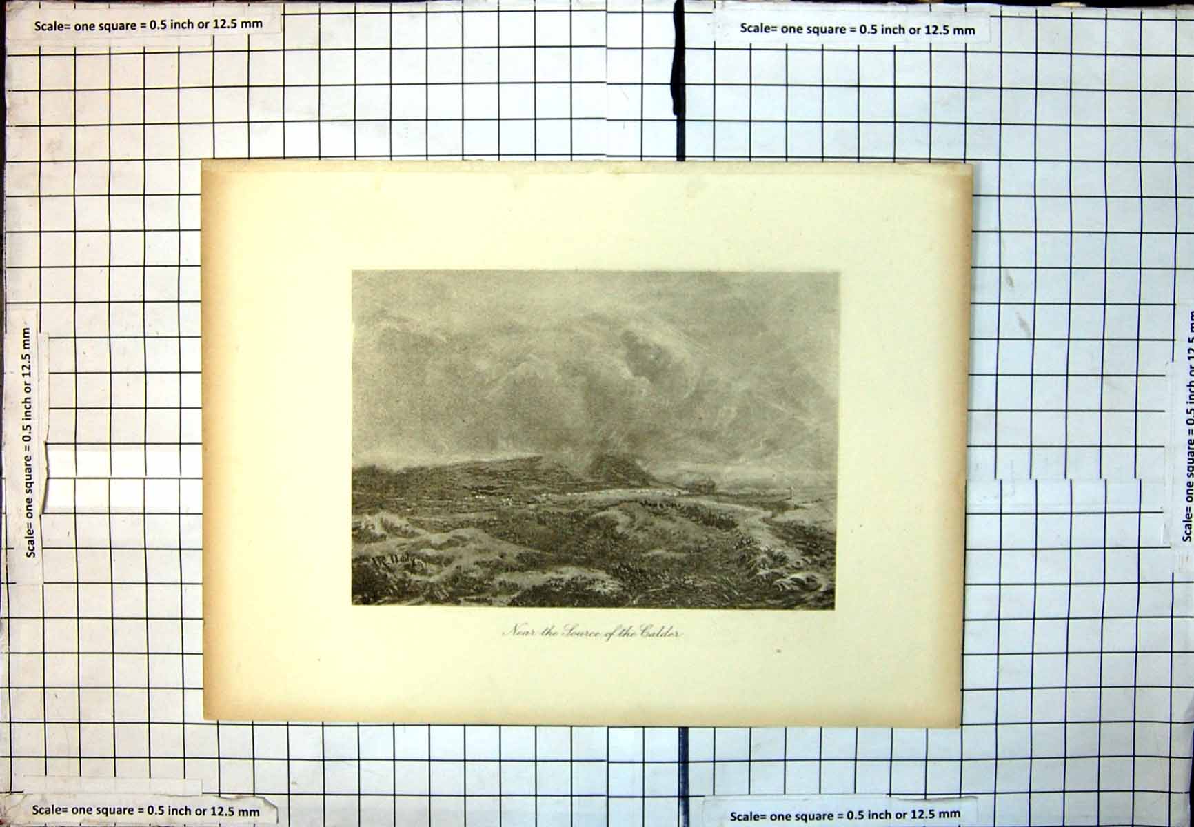 Old Print Near Source Calder Moorland Scene Sheep Distant Hills Rain 246J