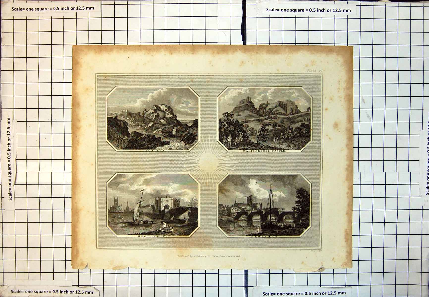 Antique Old Print Portland Rocks Carisbrooke Castle Gloucester Hereford 249J