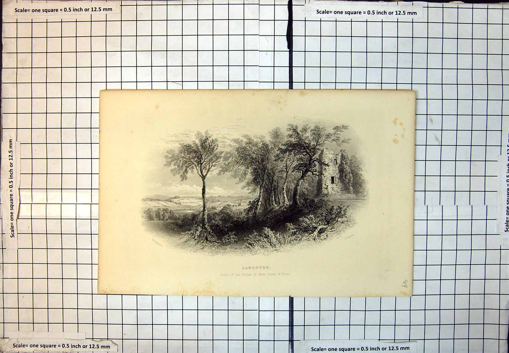 Antique Print Langsyde Scene Defeat Mary Queen Scots Ruins Tower Trees 272J