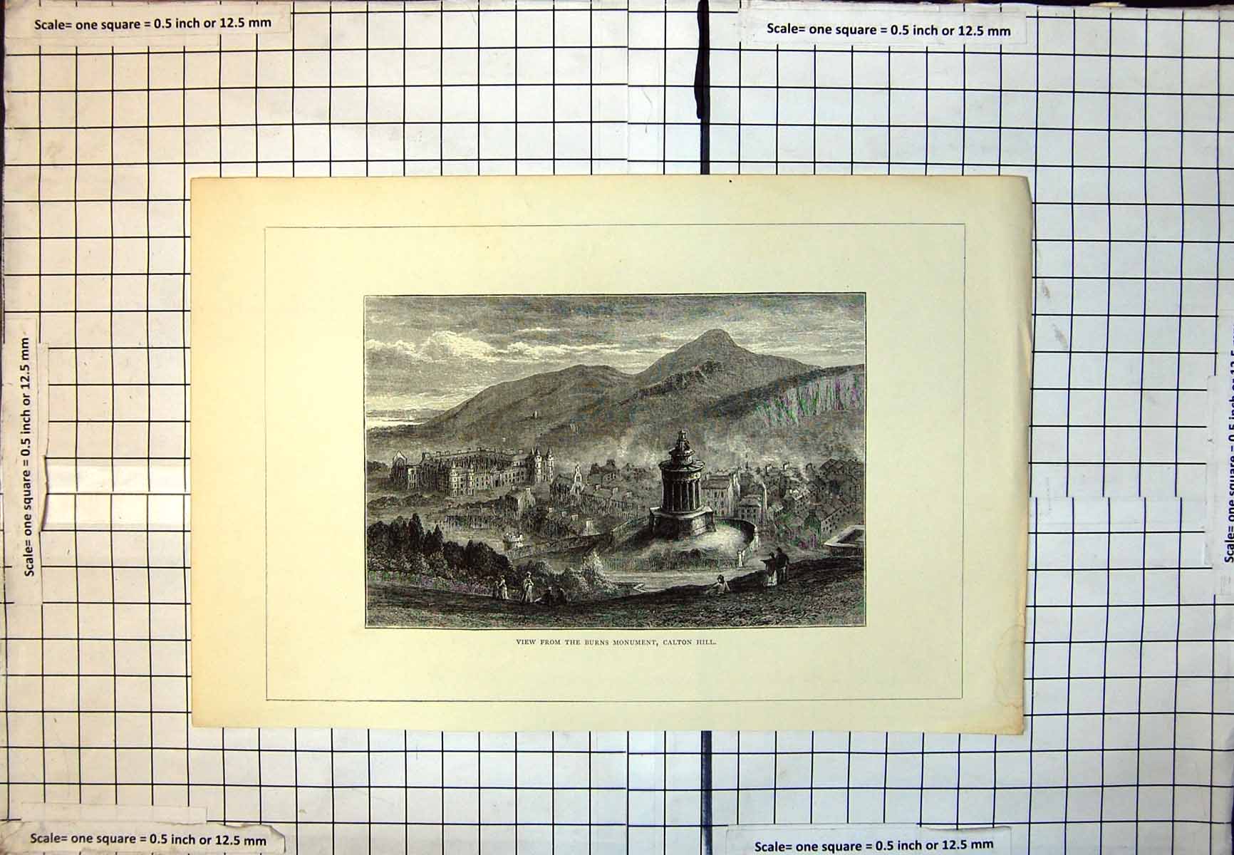 Old Print View From Burns Monument Calton Hill Edinburgh Crags Houses 292J