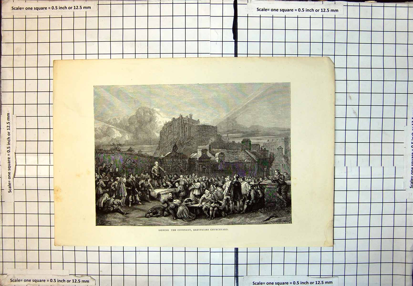Old Print Signing The Covenant Greyfriars Churchyard Edinburgh Castle 293J