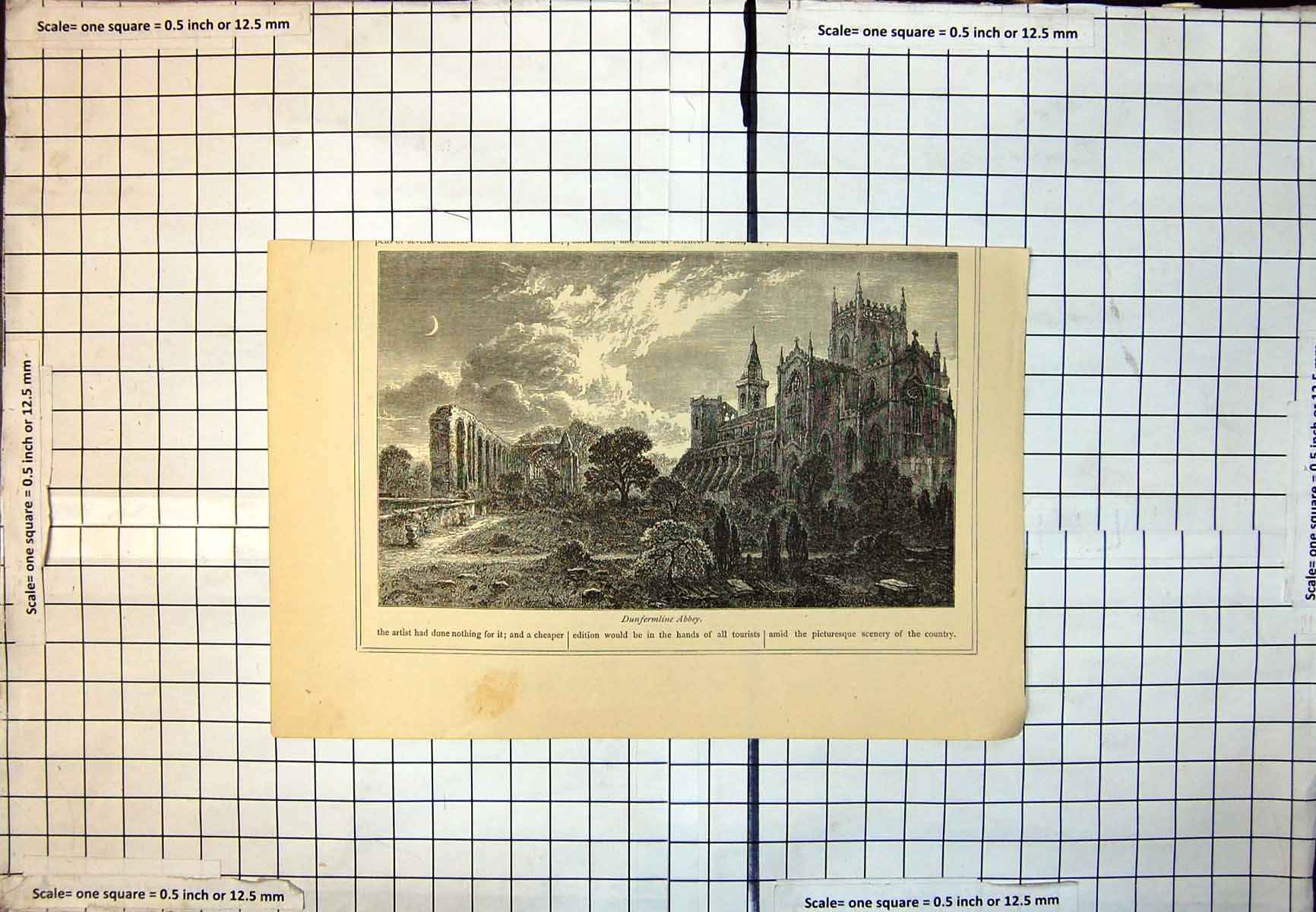 Old Print Dunfermline Abbey Ruins Arches Graveyard Gravestones Trees 299J