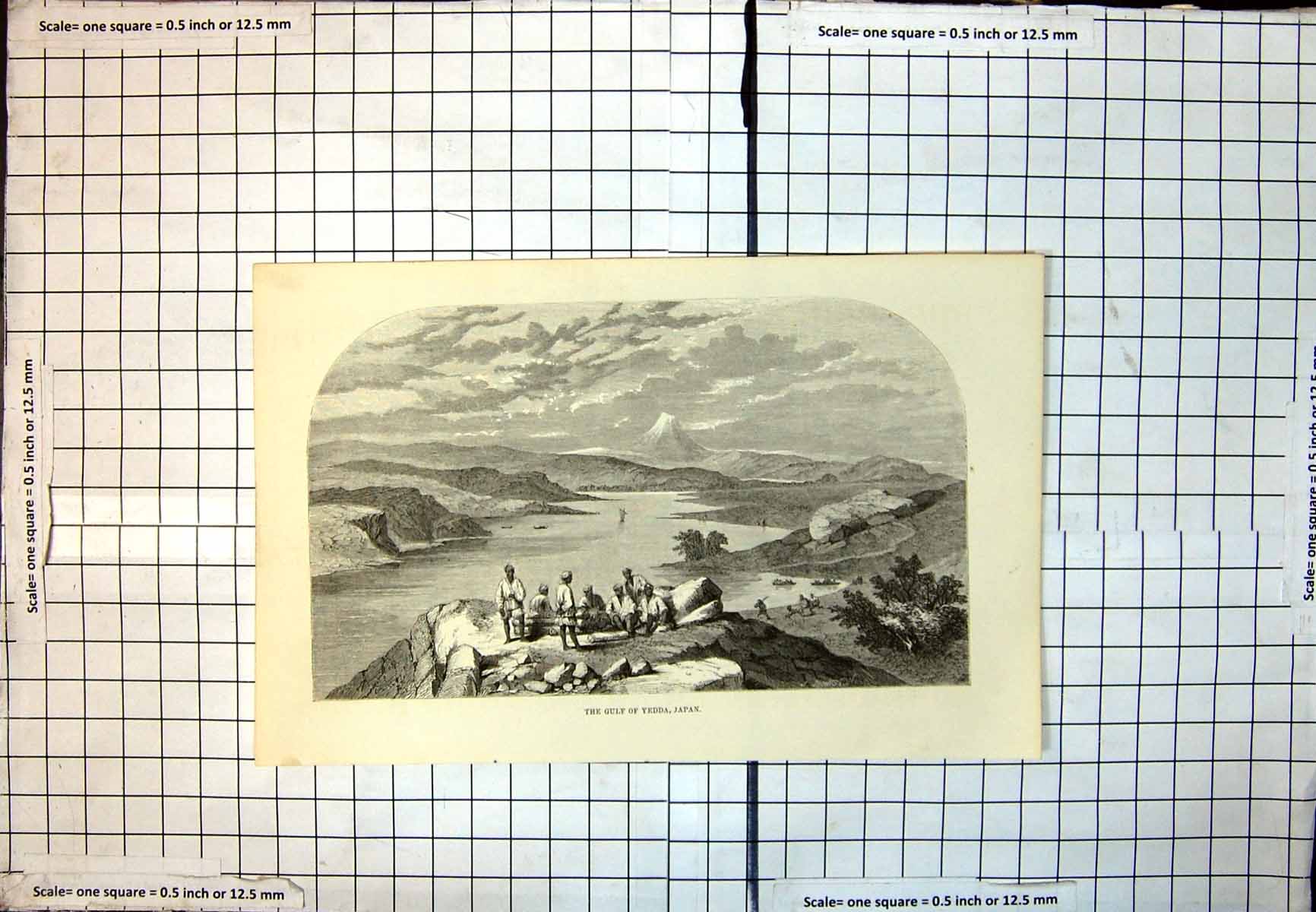 Antique Print Gulf Yedda Japan Men Seated Logs Bay Boats Mountain 1859 321J 19th